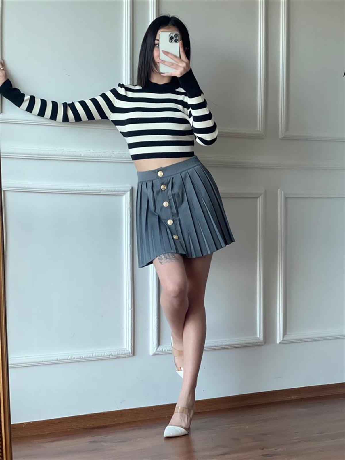 Düğmeli Pileli Etek 380008 Gri