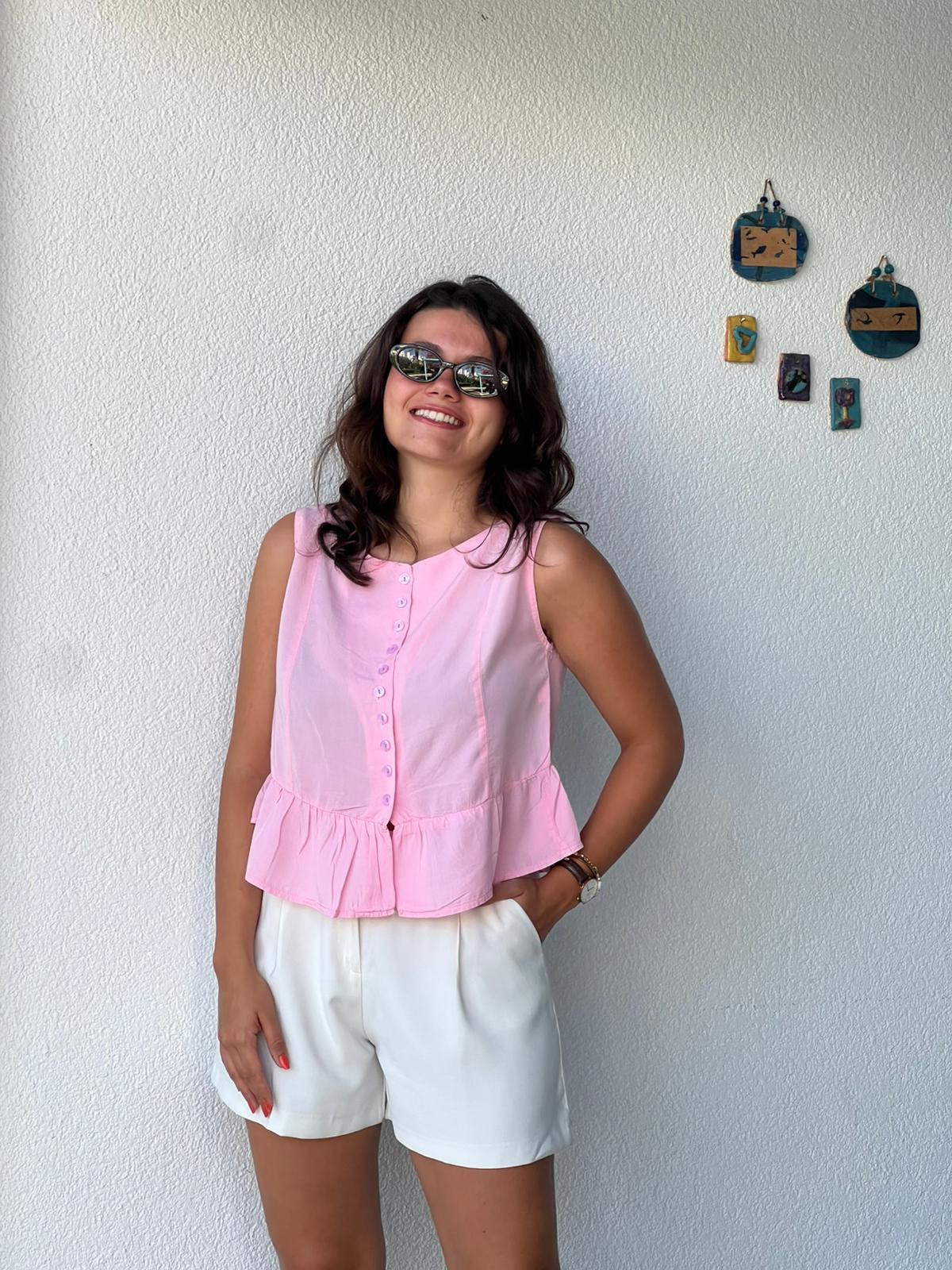 Düğmeli Tensel Bluz 2448 Pembe