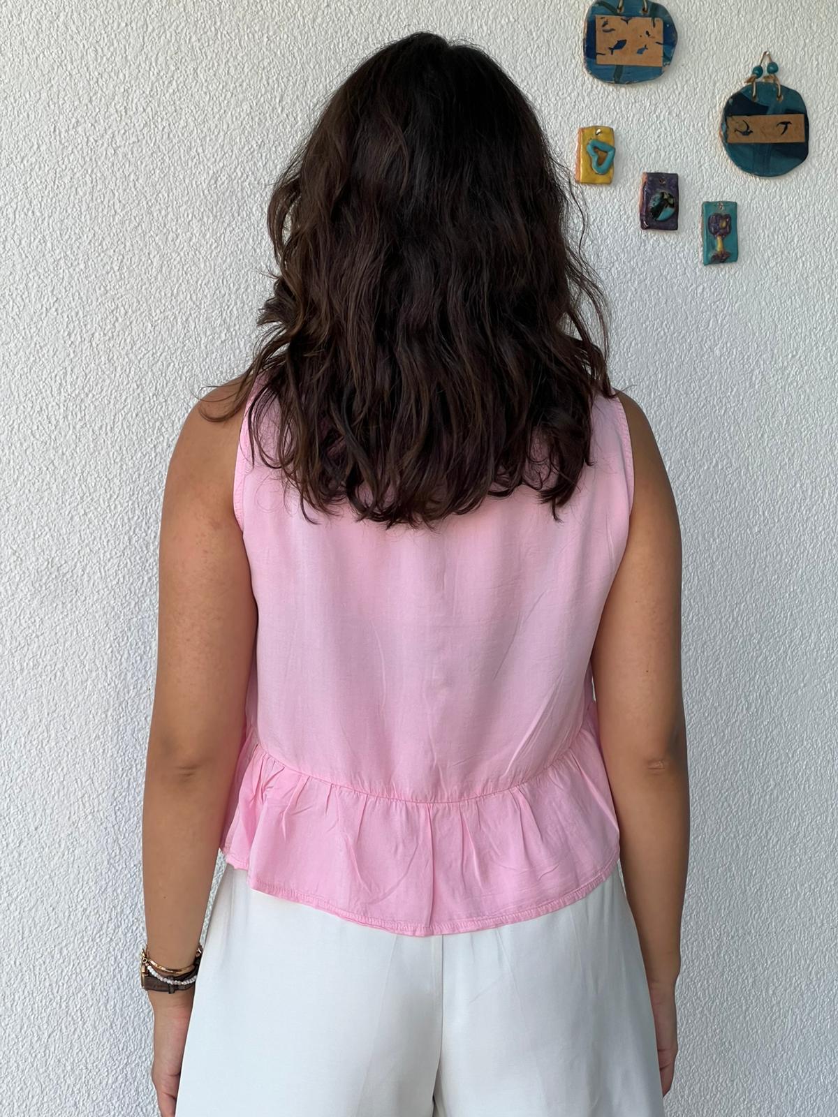 Düğmeli Tensel Bluz 2448 Pembe