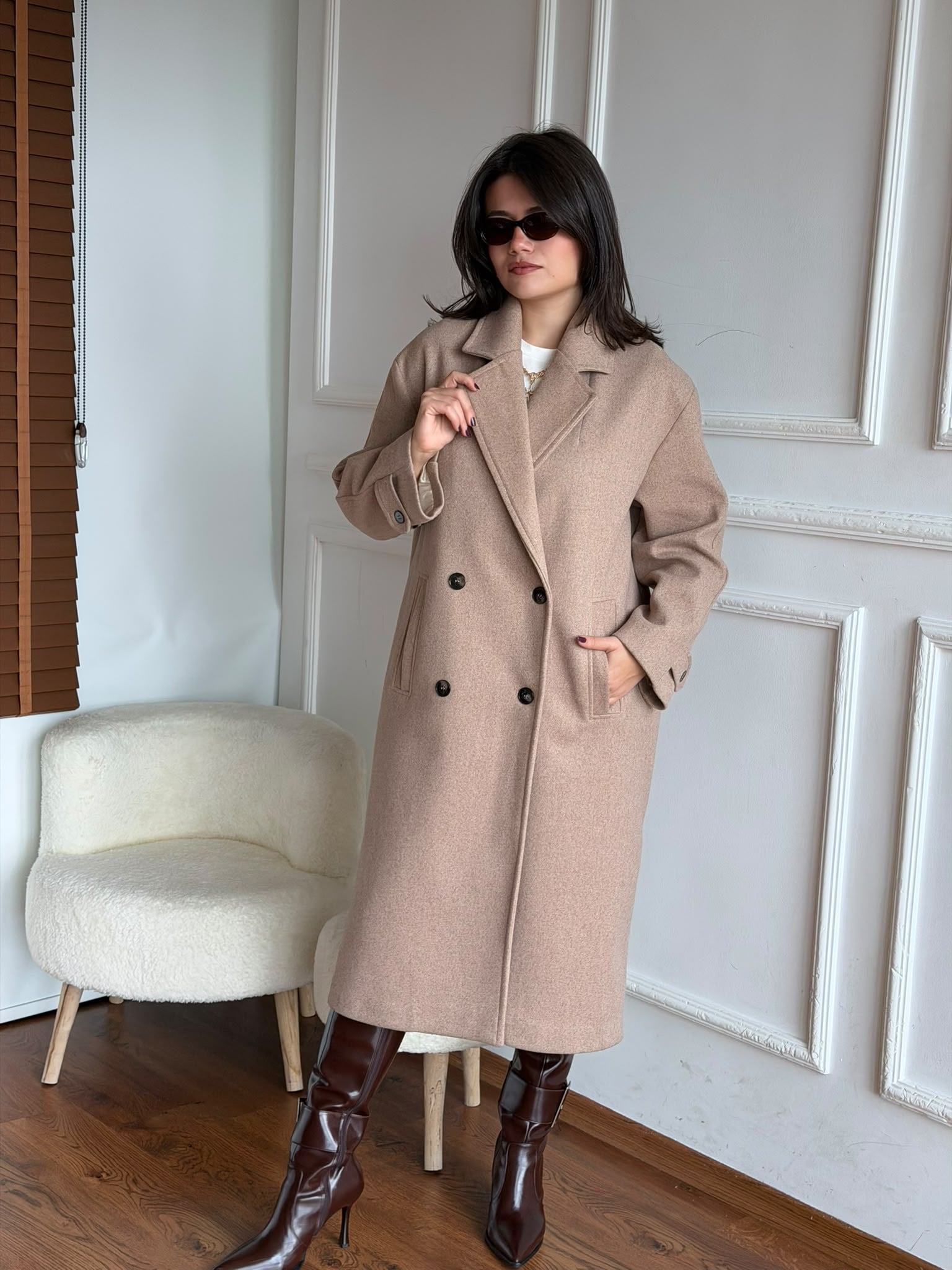 Düğmeli Uzun Kaşe Kaban 02865 Camel