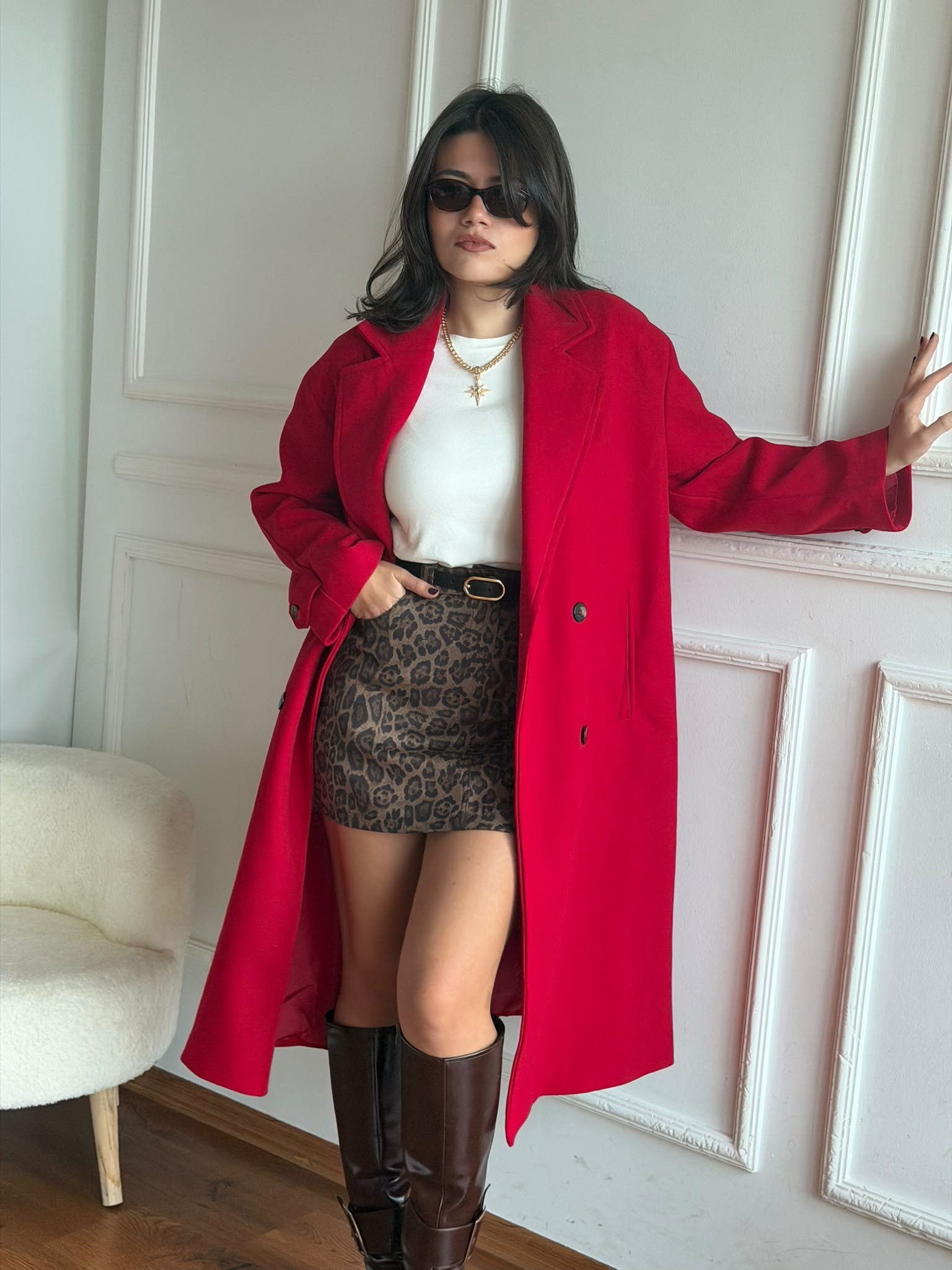 Düğmeli Uzun Kaşe Kaban 02865 Kırmızı