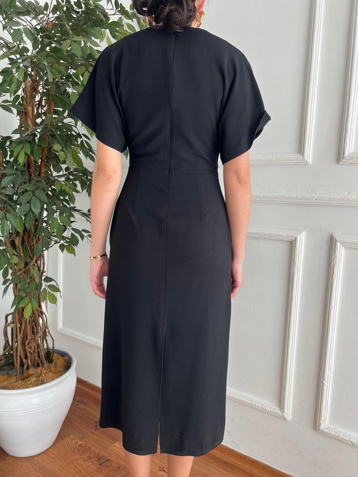 Düşük Kollu Büzgü Detaylı Elbise 25016 Siyah