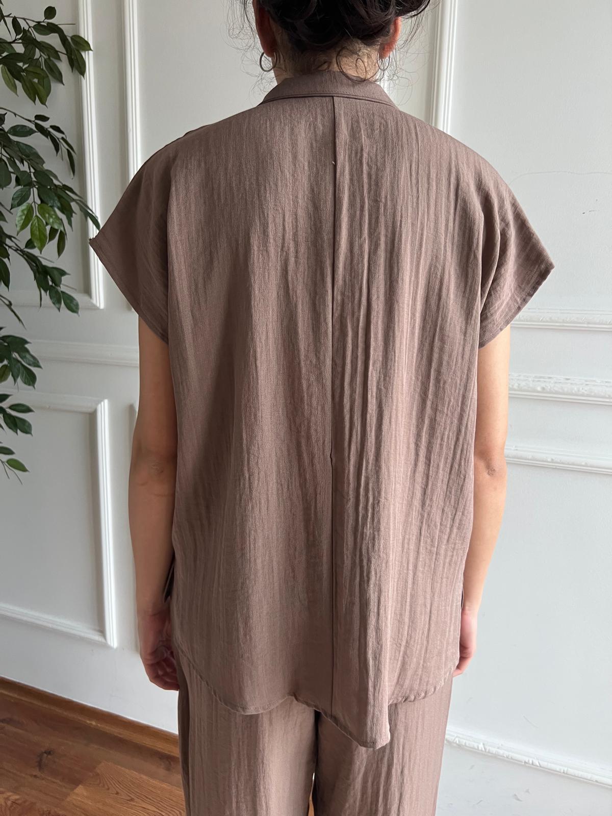 Düşük Kollu Polo Yaka Bluz 25031 Kahverengi