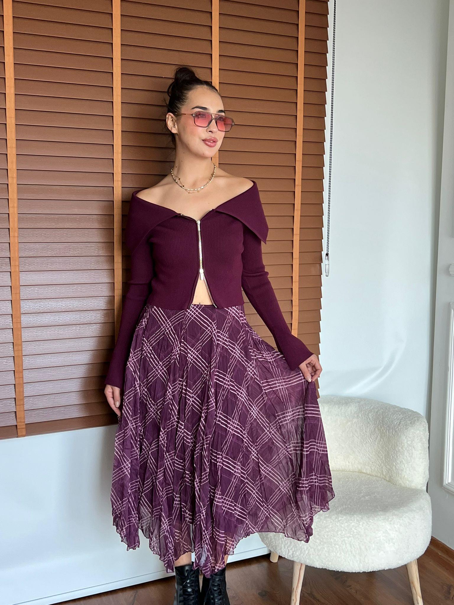 Ekose Desenli Asimetrik Etek 26-2210 Mürdüm