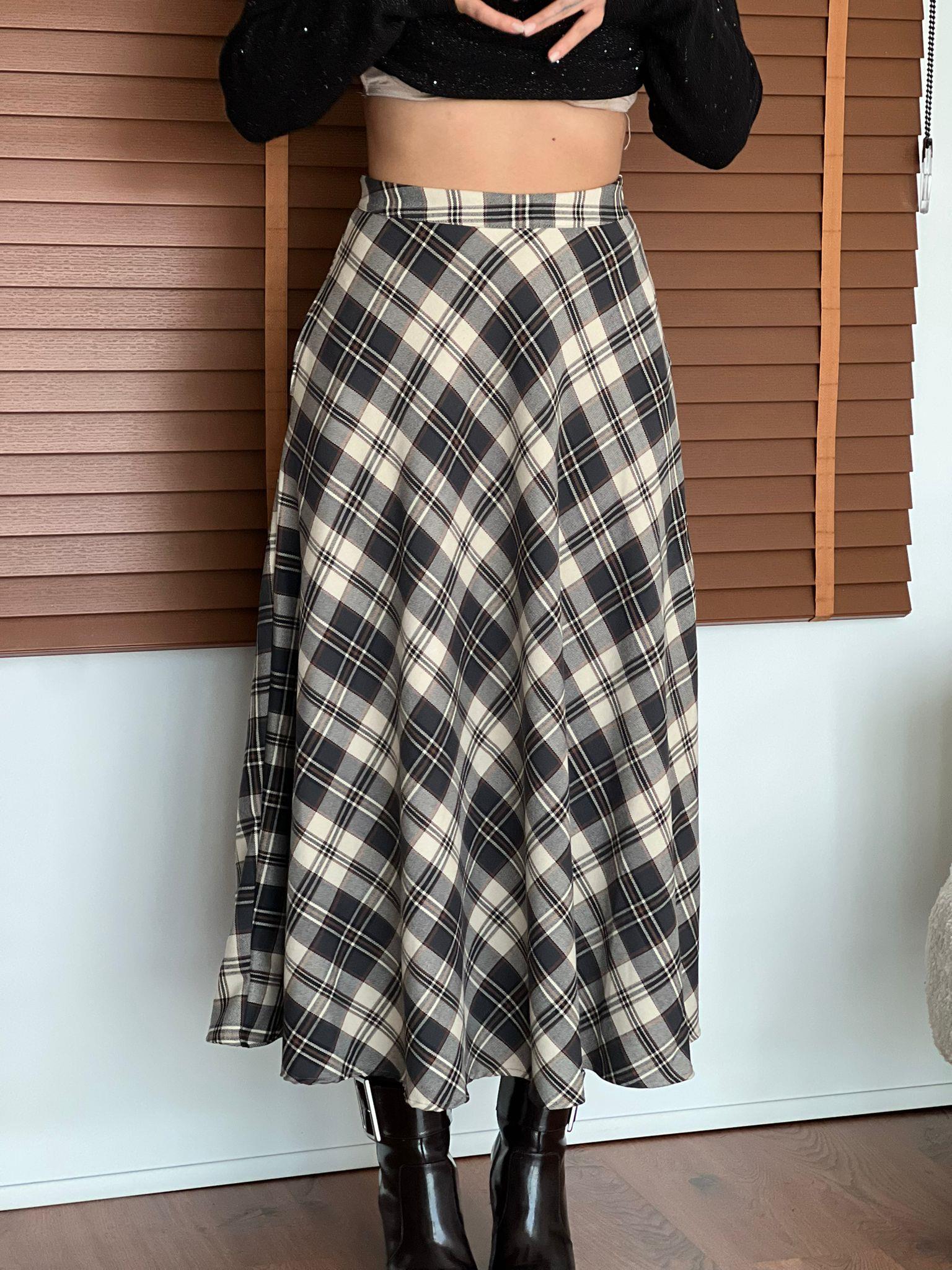 Ekose Desenli Döküm Verev Etek 17775 Ekru