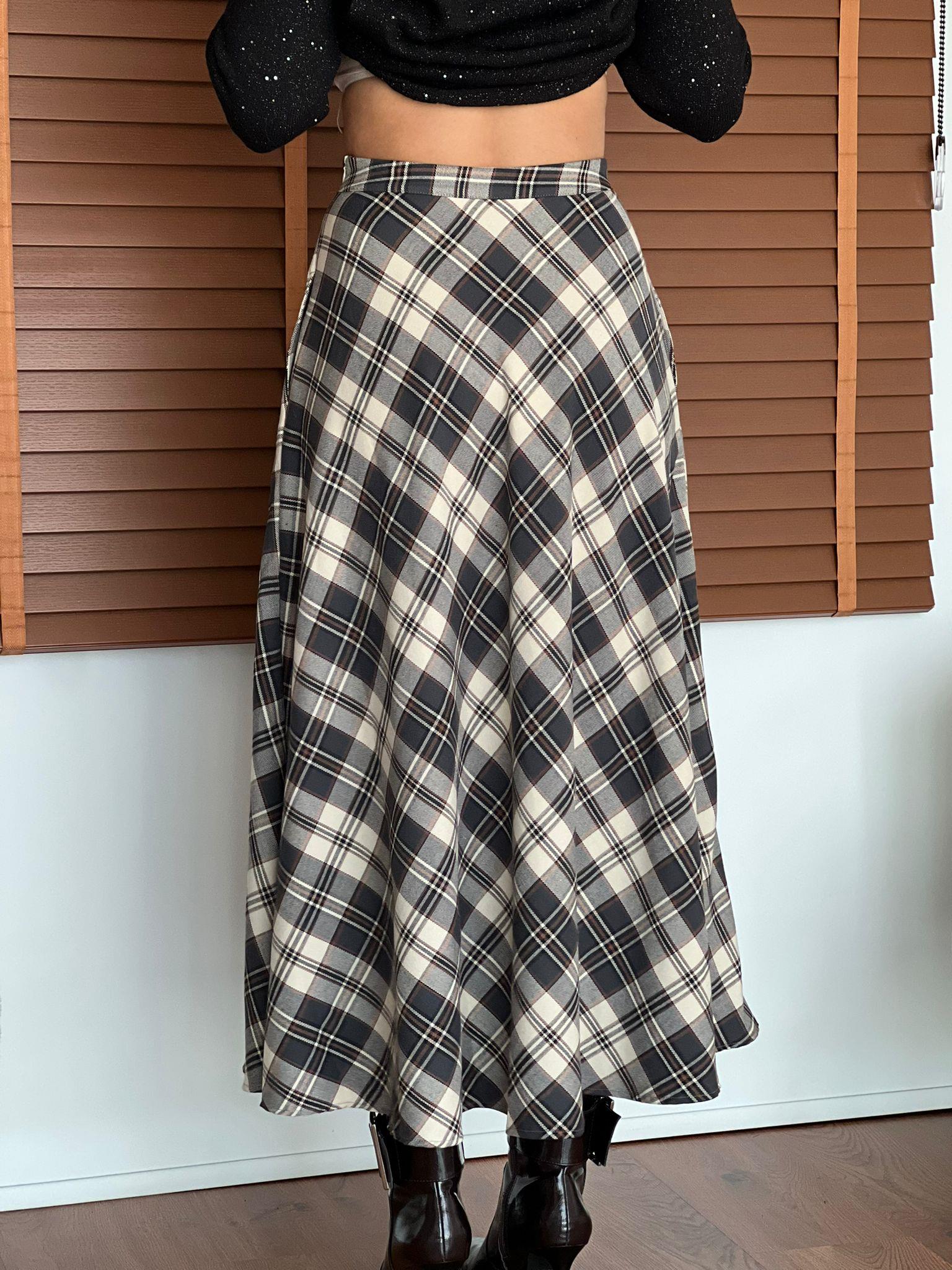 Ekose Desenli Döküm Verev Etek 17775 Ekru