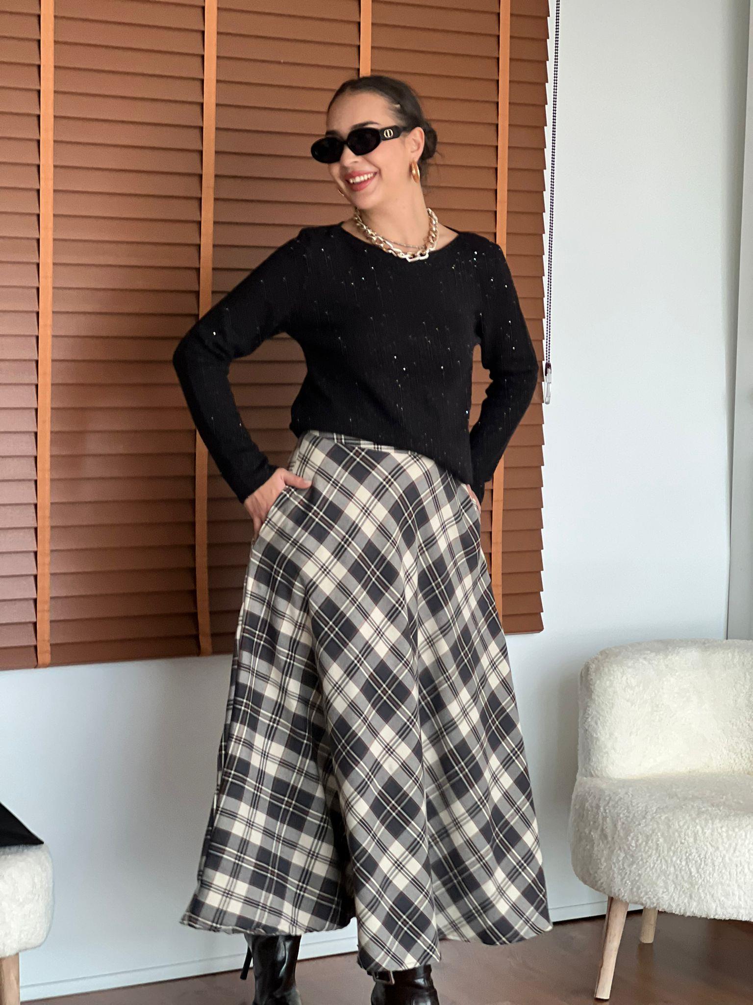 Ekose Desenli Döküm Verev Etek 17775 Ekru