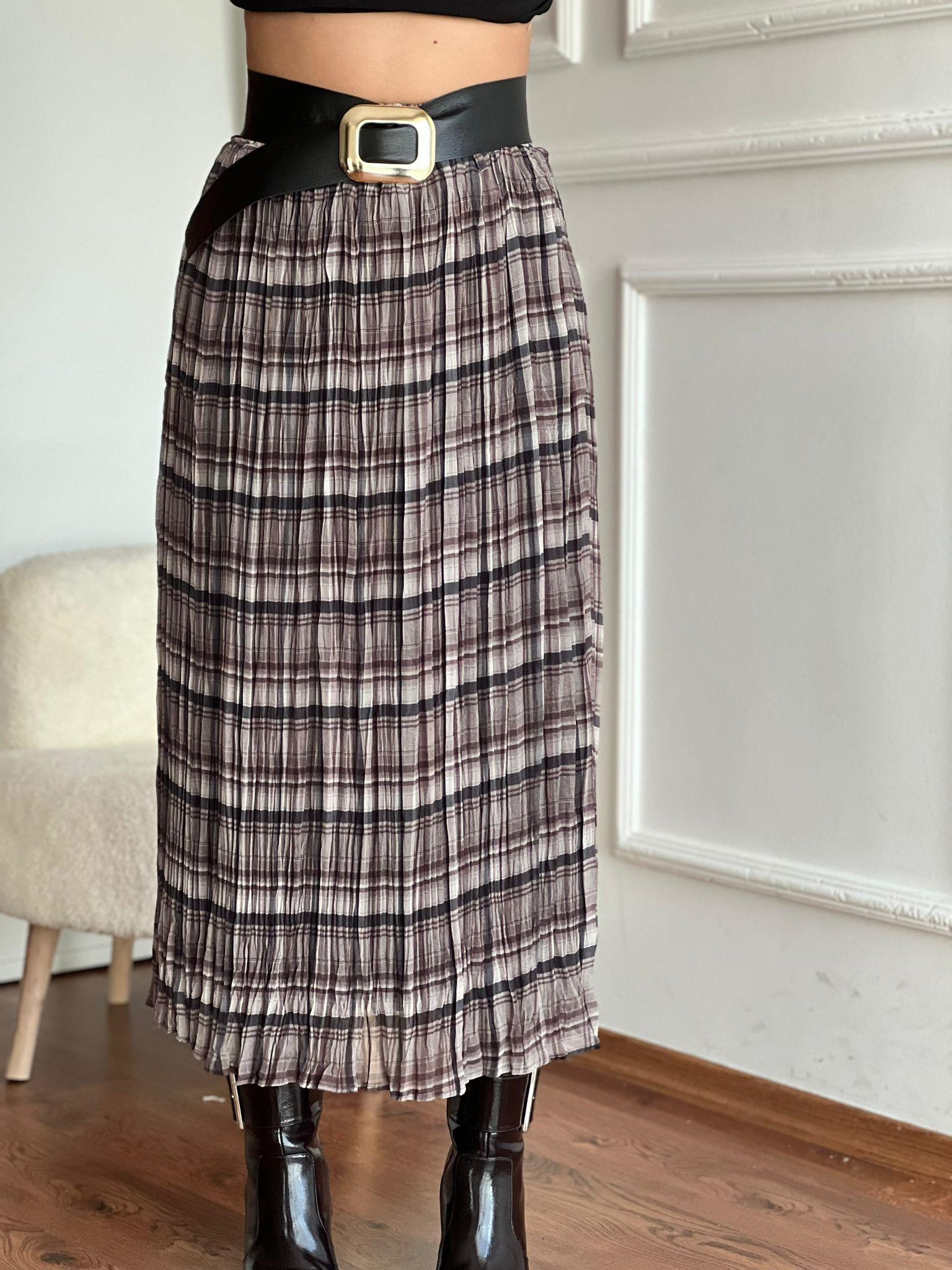 Ekose Desenli Kemerli Kraşlı Etek 17735 Bej