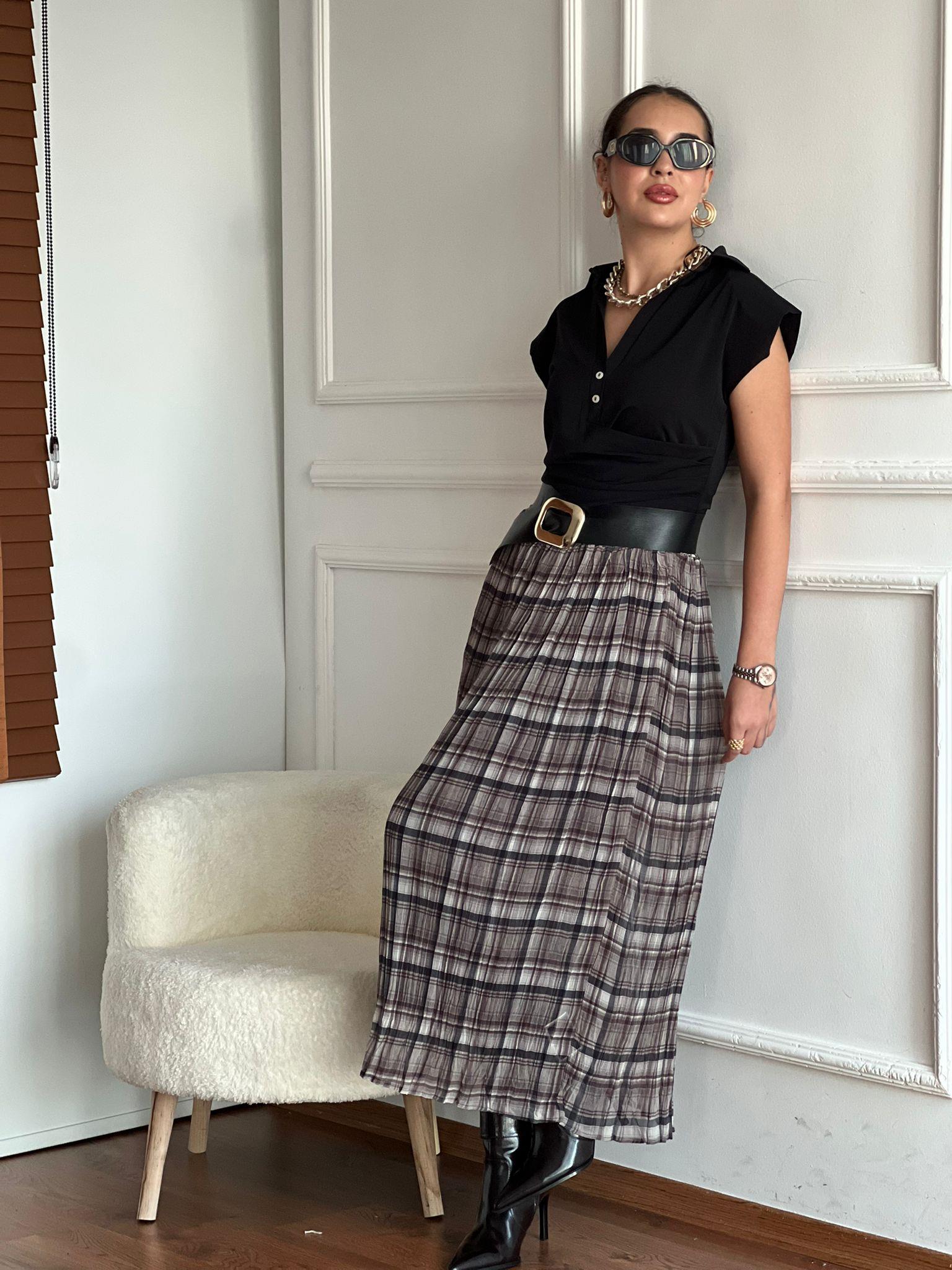 Ekose Desenli Kemerli Kraşlı Etek 17735 Bej