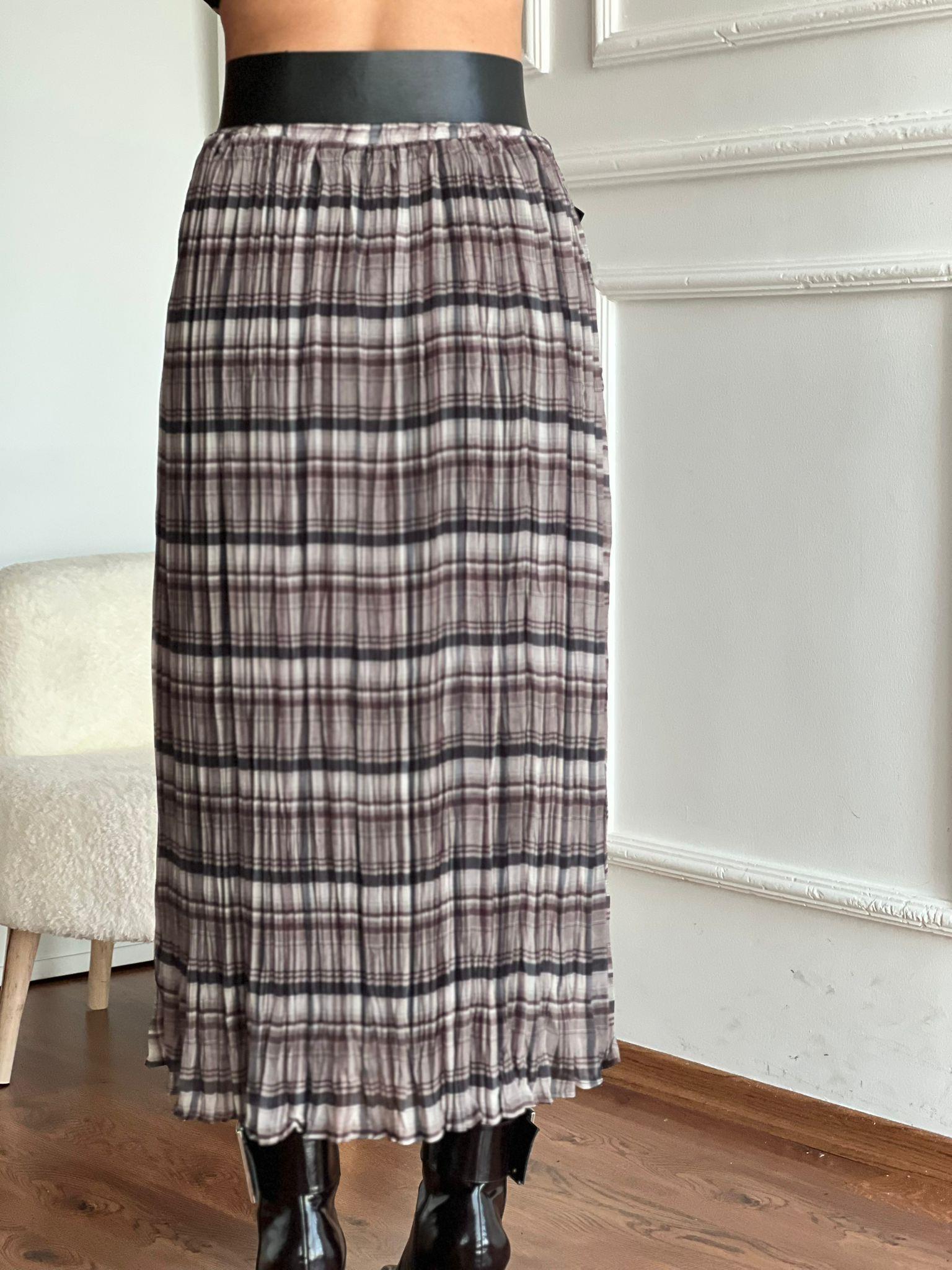 Ekose Desenli Kemerli Kraşlı Etek 17735 Bej