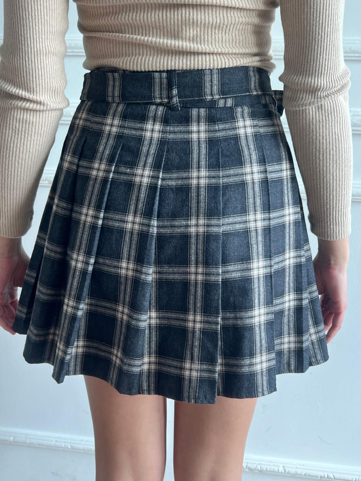 Ekose Desenli Pileli Kısa Etek 2062 Antrasit