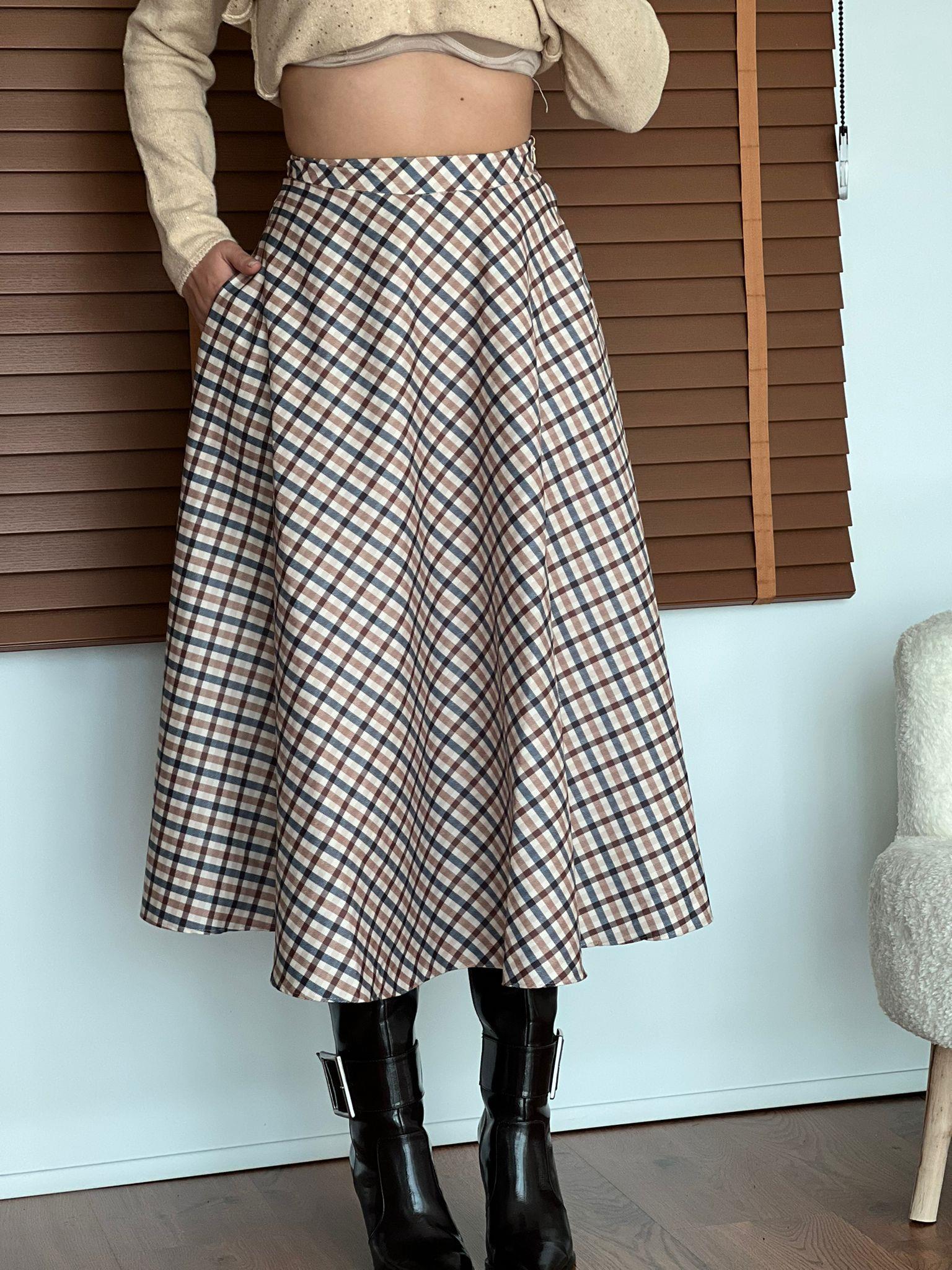 Ekose Desenli Süet Midi Etek 2226 Bej