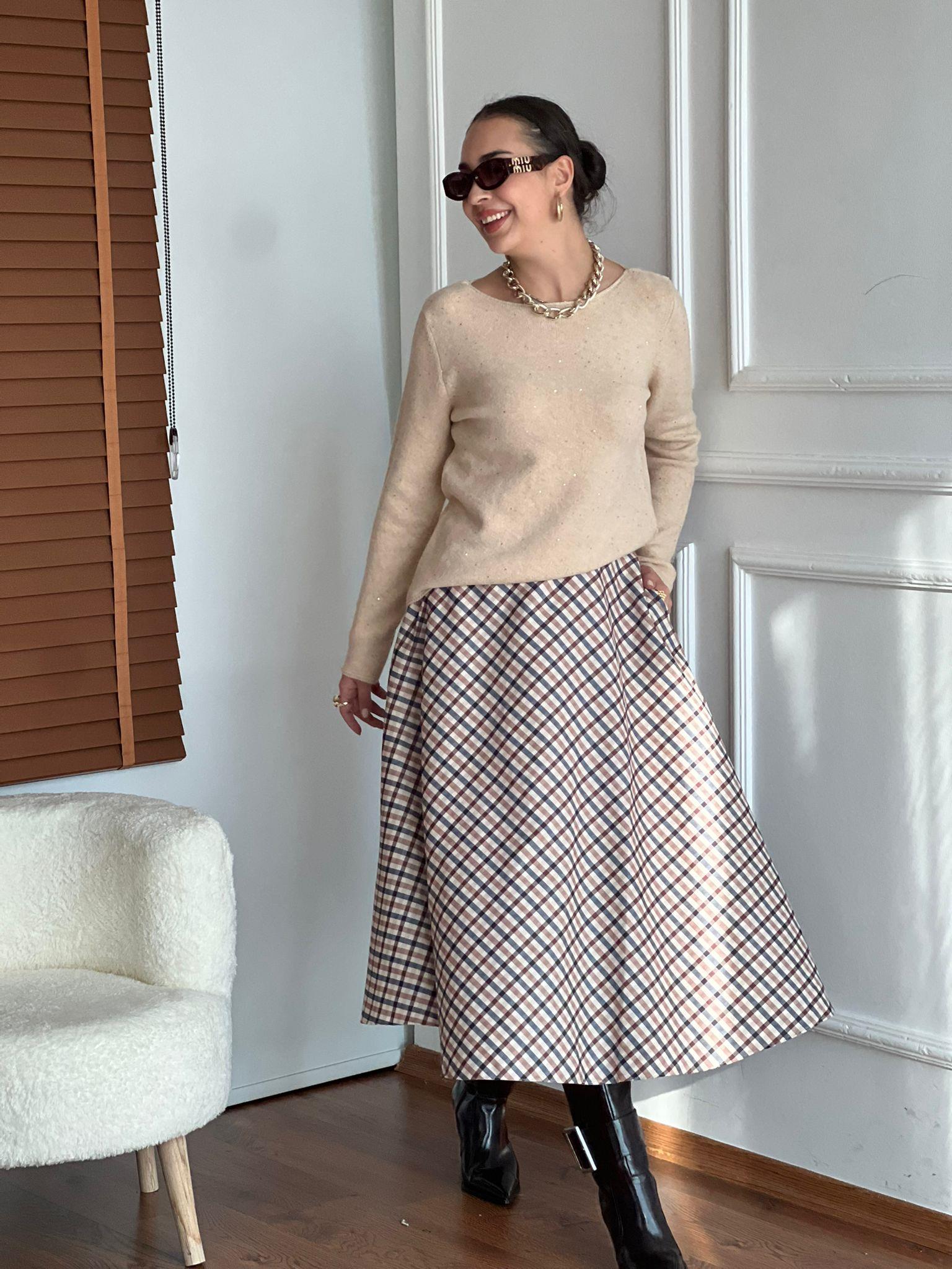 Ekose Desenli Süet Midi Etek 2226 Bej