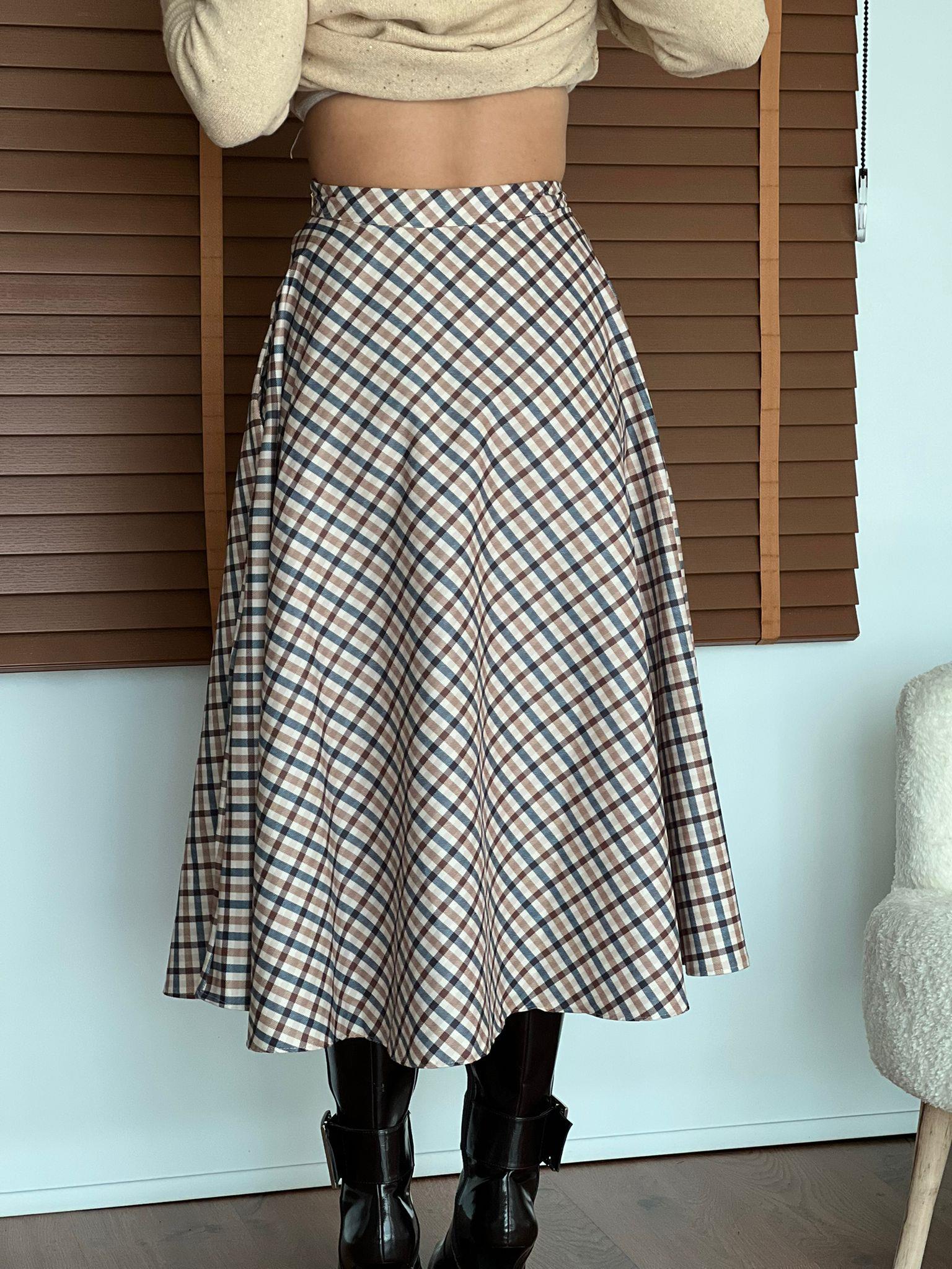 Ekose Desenli Süet Midi Etek 2226 Bej