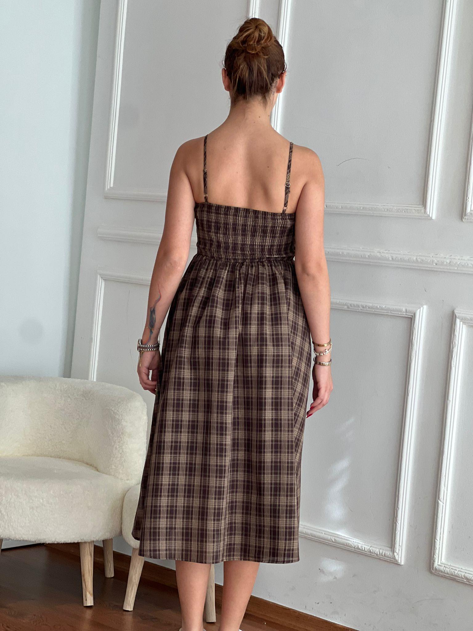 Ekoseli Askılı Bolerolu Elbise 39211 Kahverengi