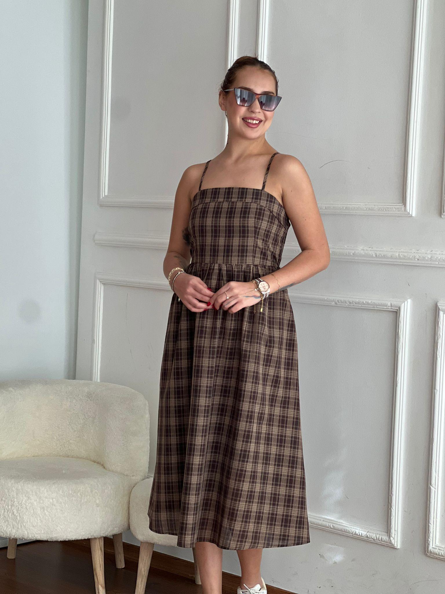 Ekoseli Askılı Bolerolu Elbise 39211 Kahverengi