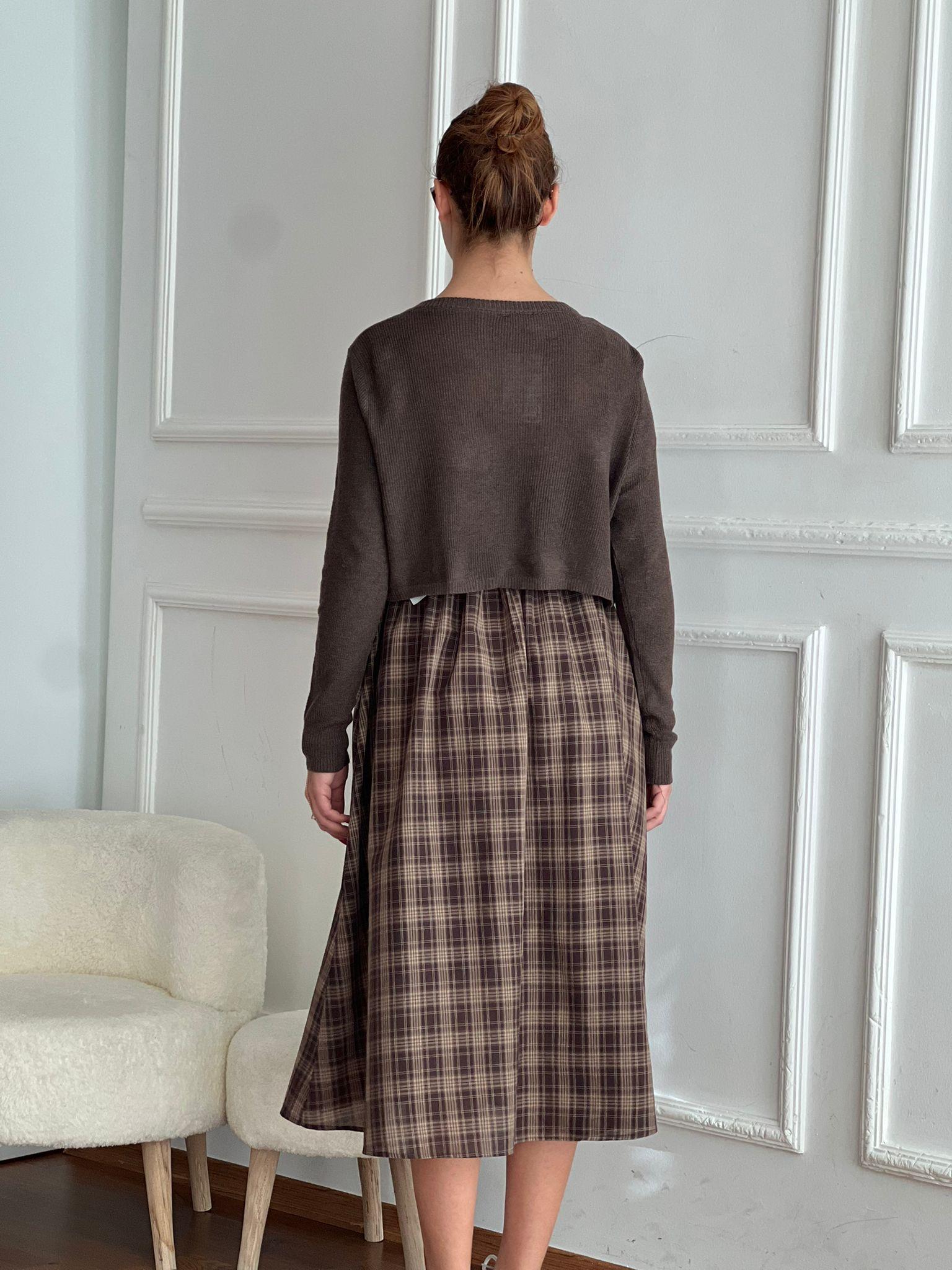 Ekoseli Askılı Bolerolu Elbise 39211 Kahverengi