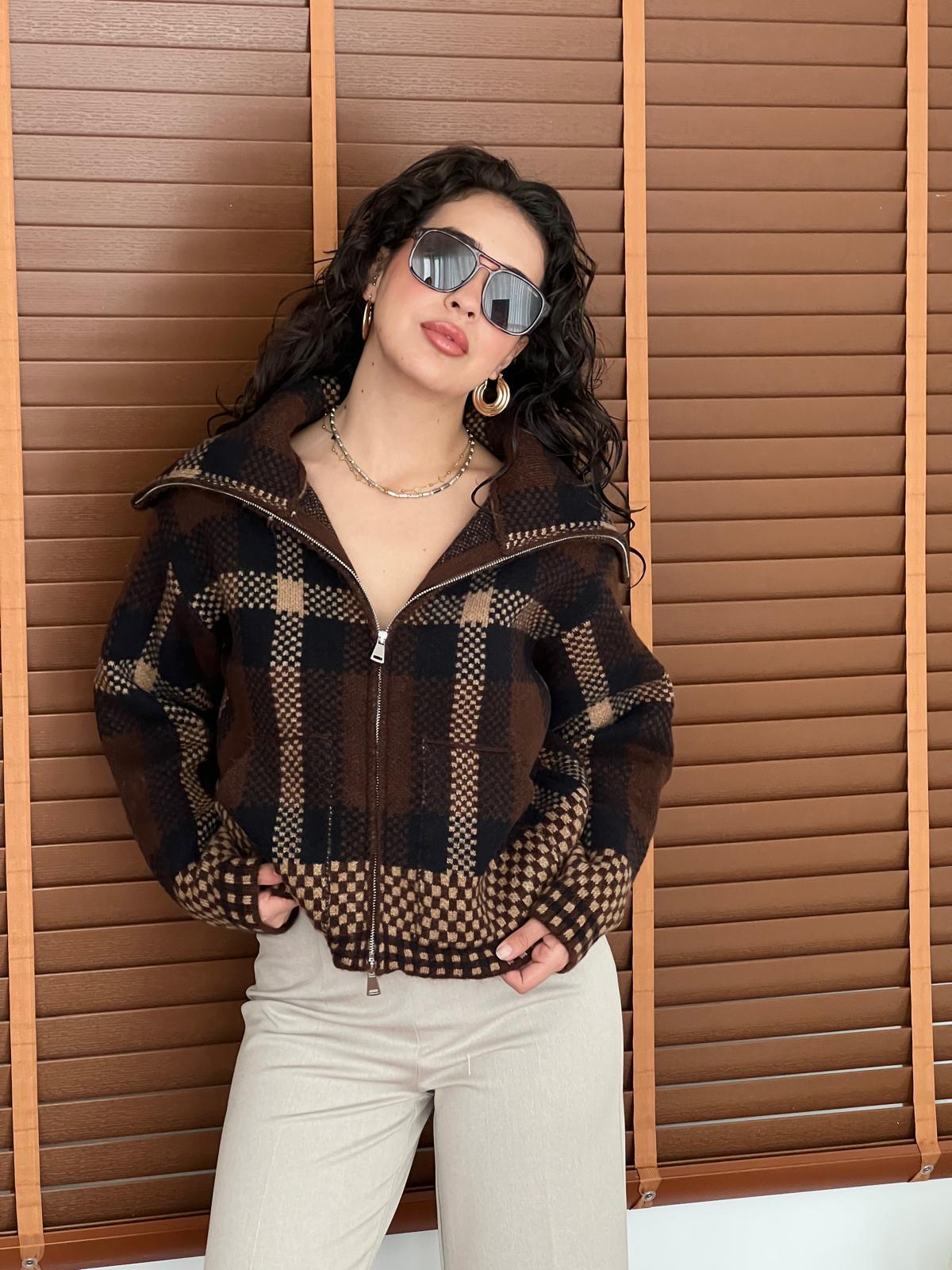 Ekoseli Fermuarlı Triko Ceket 25705 Kahverengi