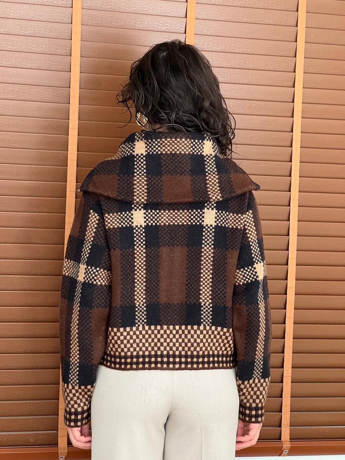 Ekoseli Fermuarlı Triko Ceket 25705 Kahverengi