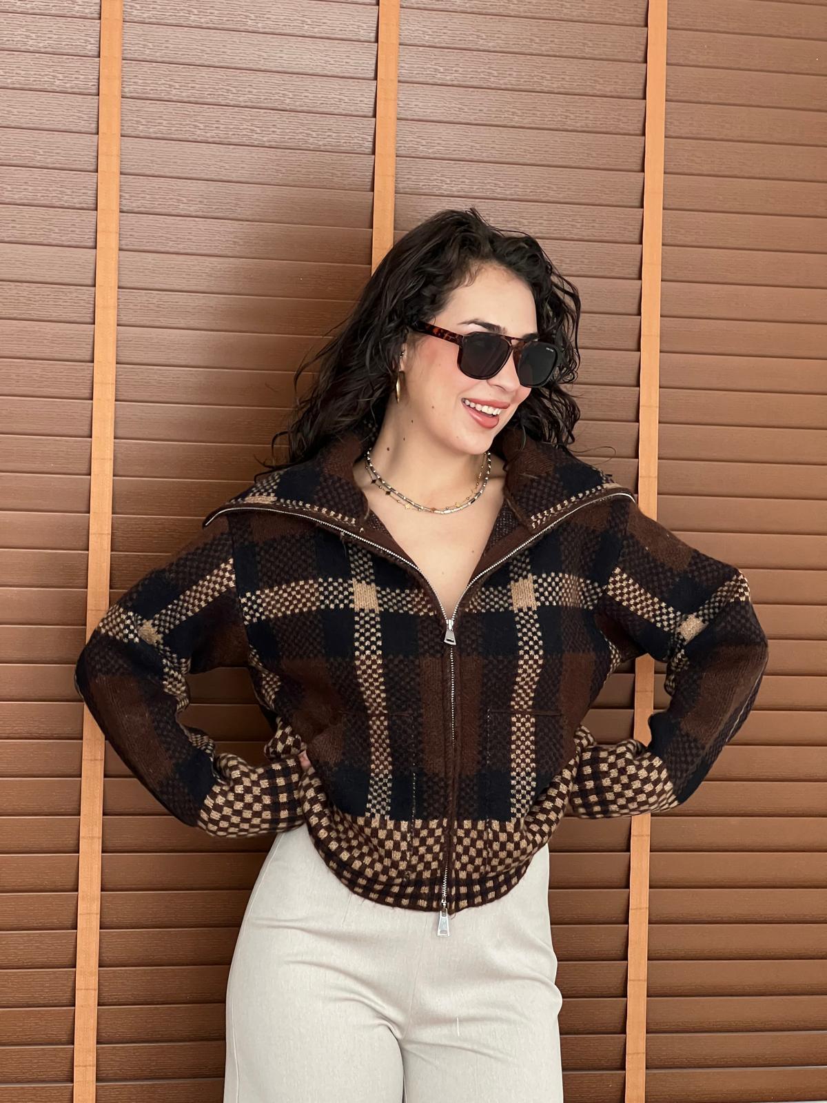 Ekoseli Fermuarlı Triko Ceket 25705 Kahverengi