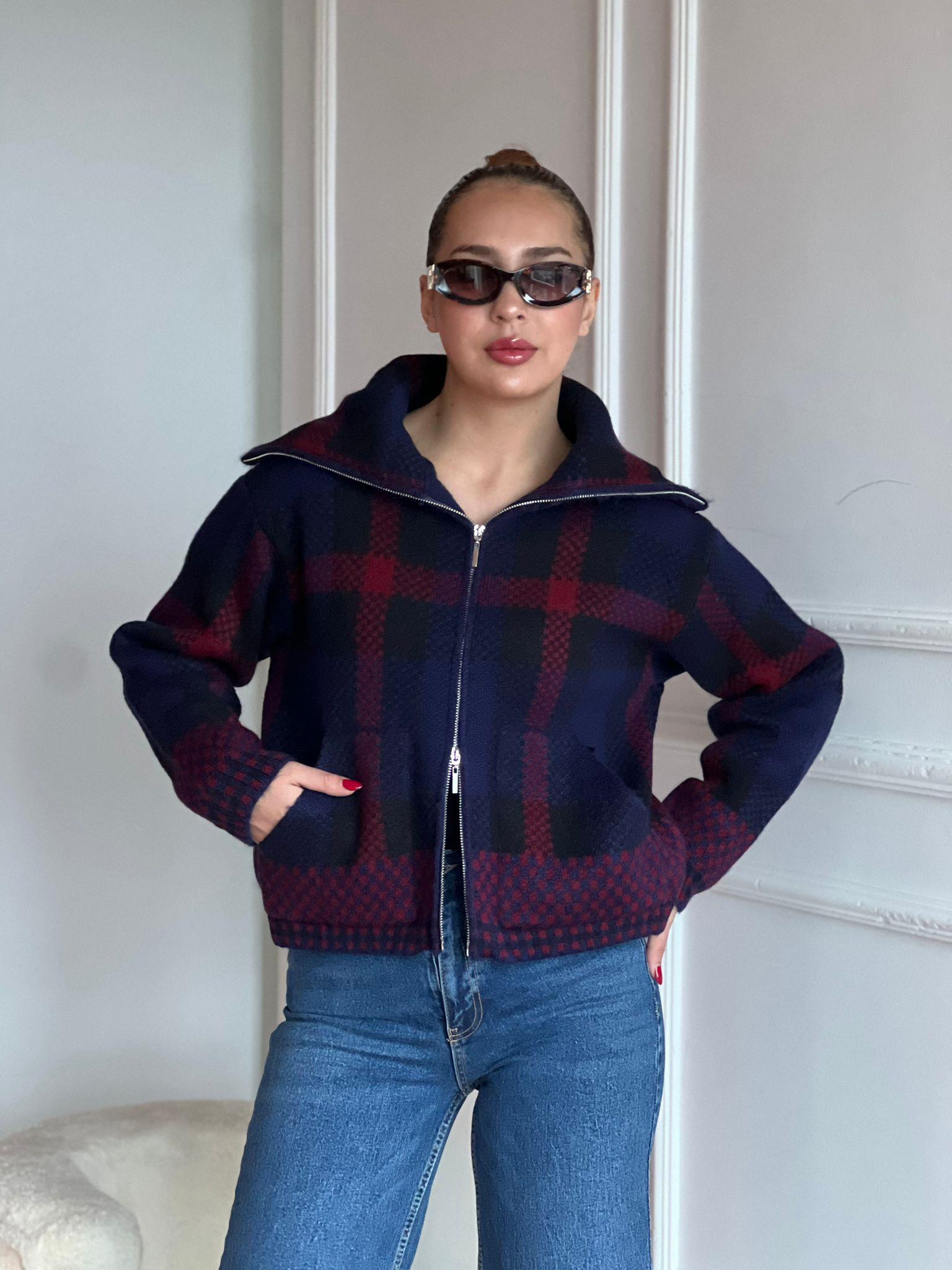 Ekoseli Fermuarlı Triko Ceket 25705 Lacivert