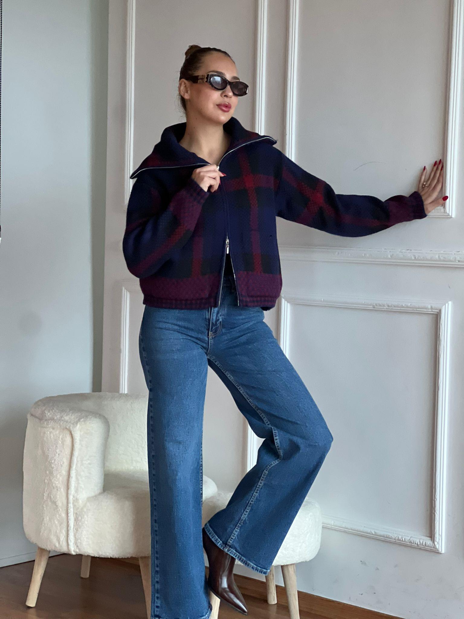 Ekoseli Fermuarlı Triko Ceket 25705 Lacivert