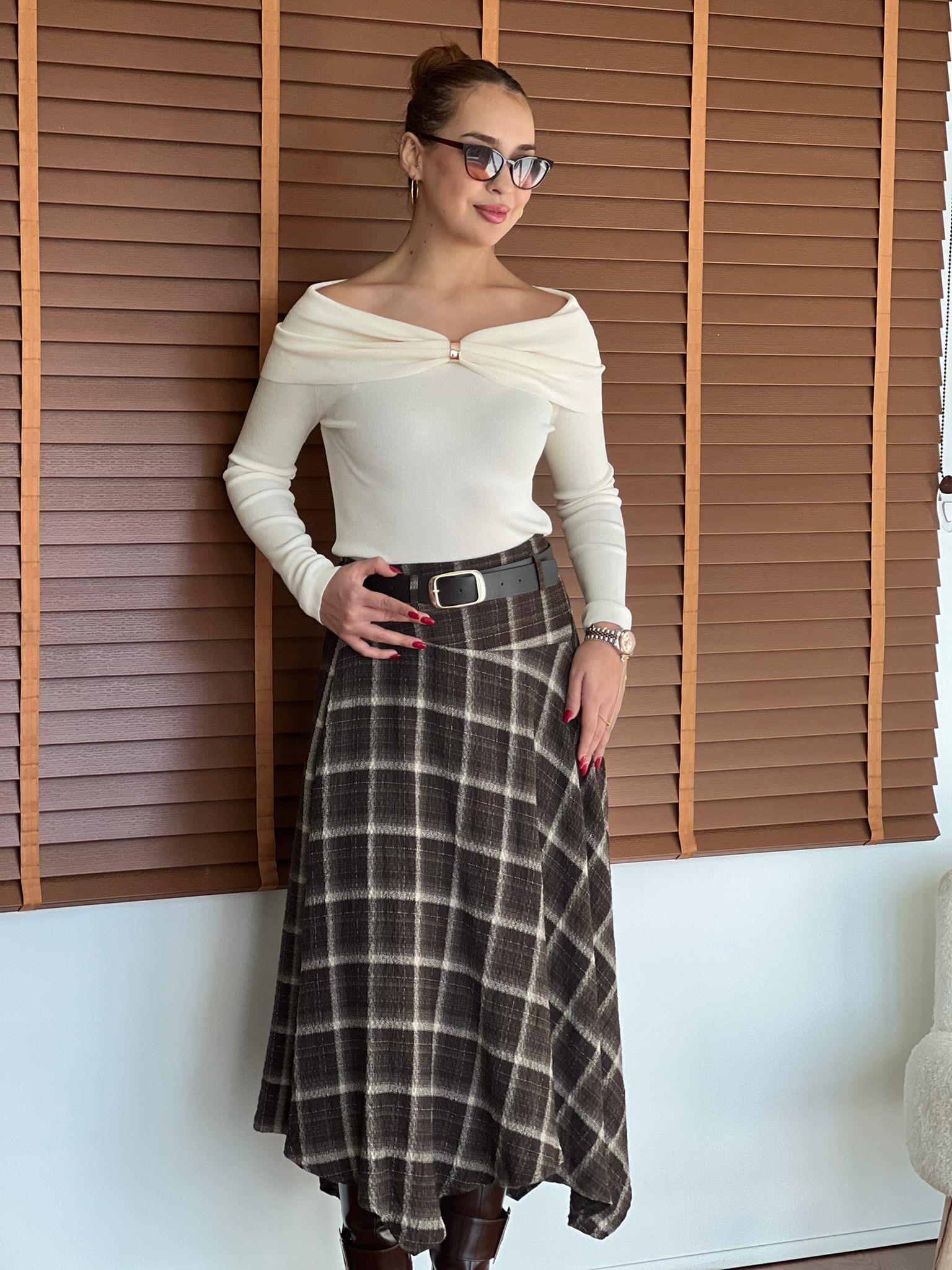 Ekoseli Kemerli Etek 39173 Kahverengi