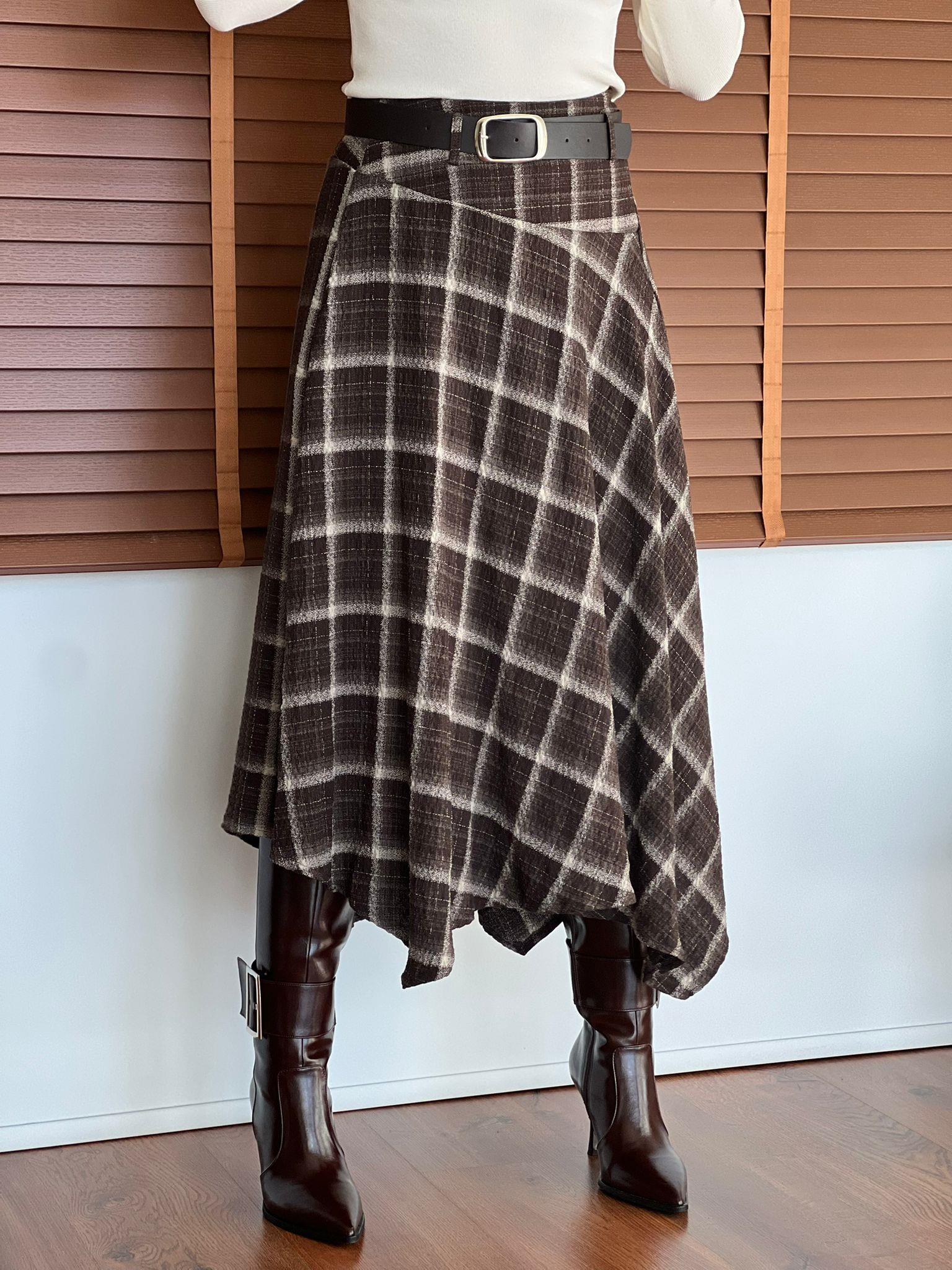 Ekoseli Kemerli Etek 39173 Kahverengi