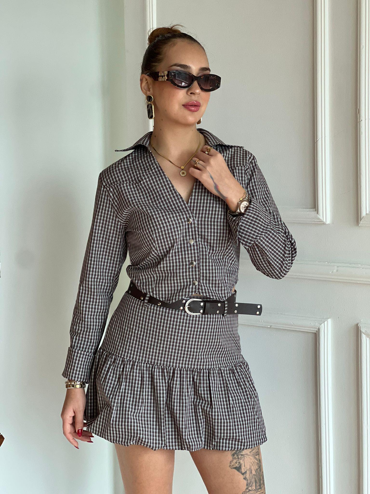 Ekoseli Kısa Gömlek 34513 Kahverengi