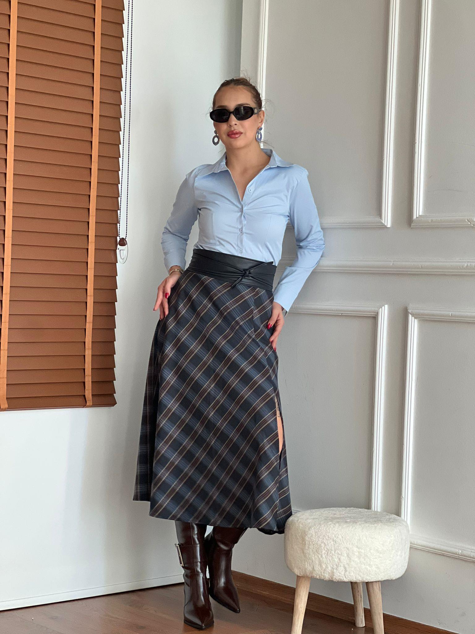 Ekoseli Midi Boy Etek 6727 Lacivert