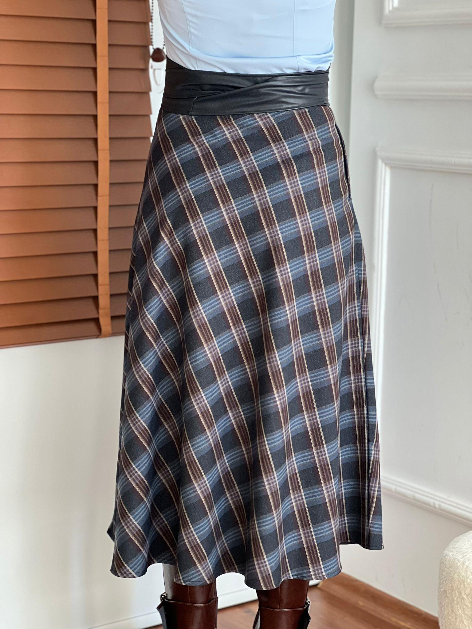 Ekoseli Midi Boy Etek 6727 Lacivert