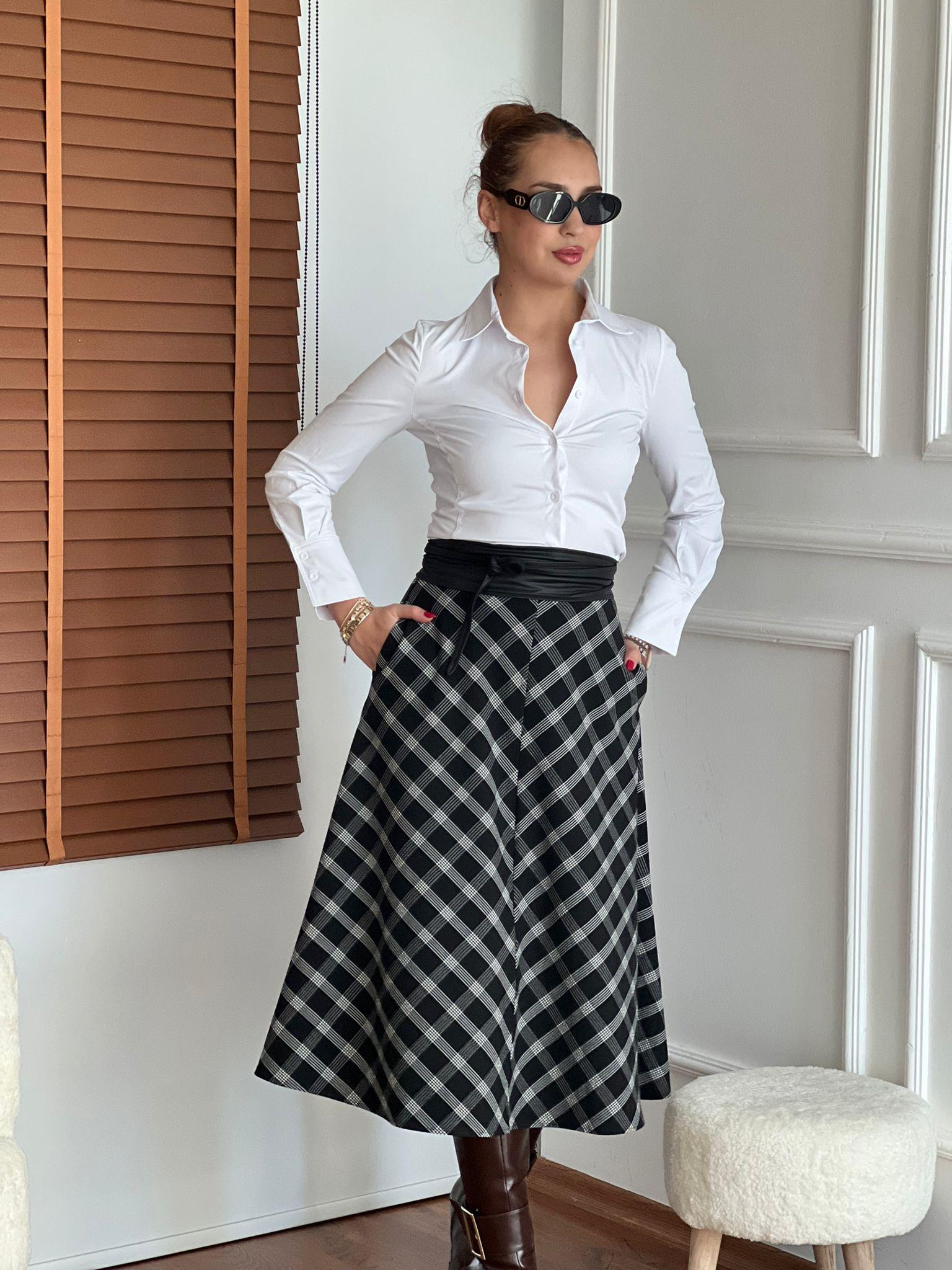 Ekoseli Midi Boy Etek 6727 Siyah