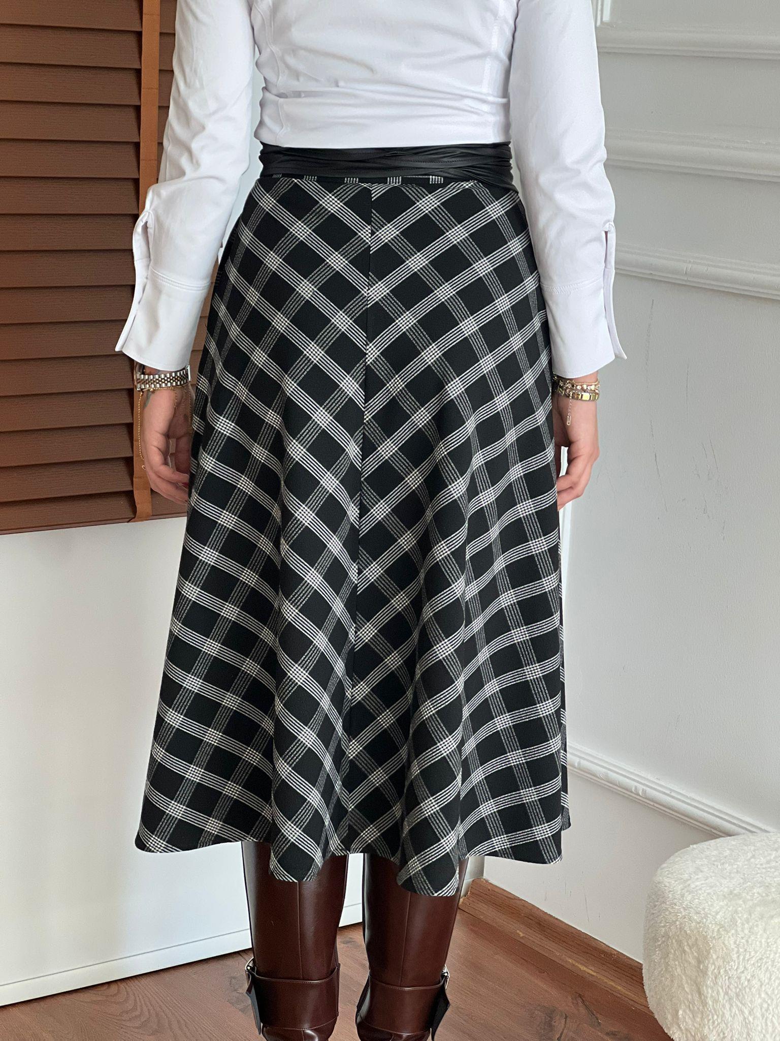 Ekoseli Midi Boy Etek 6727 Siyah