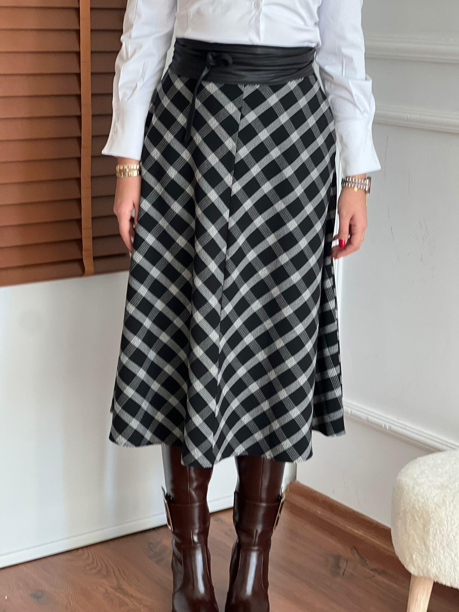 Ekoseli Midi Boy Etek 6727 Siyah