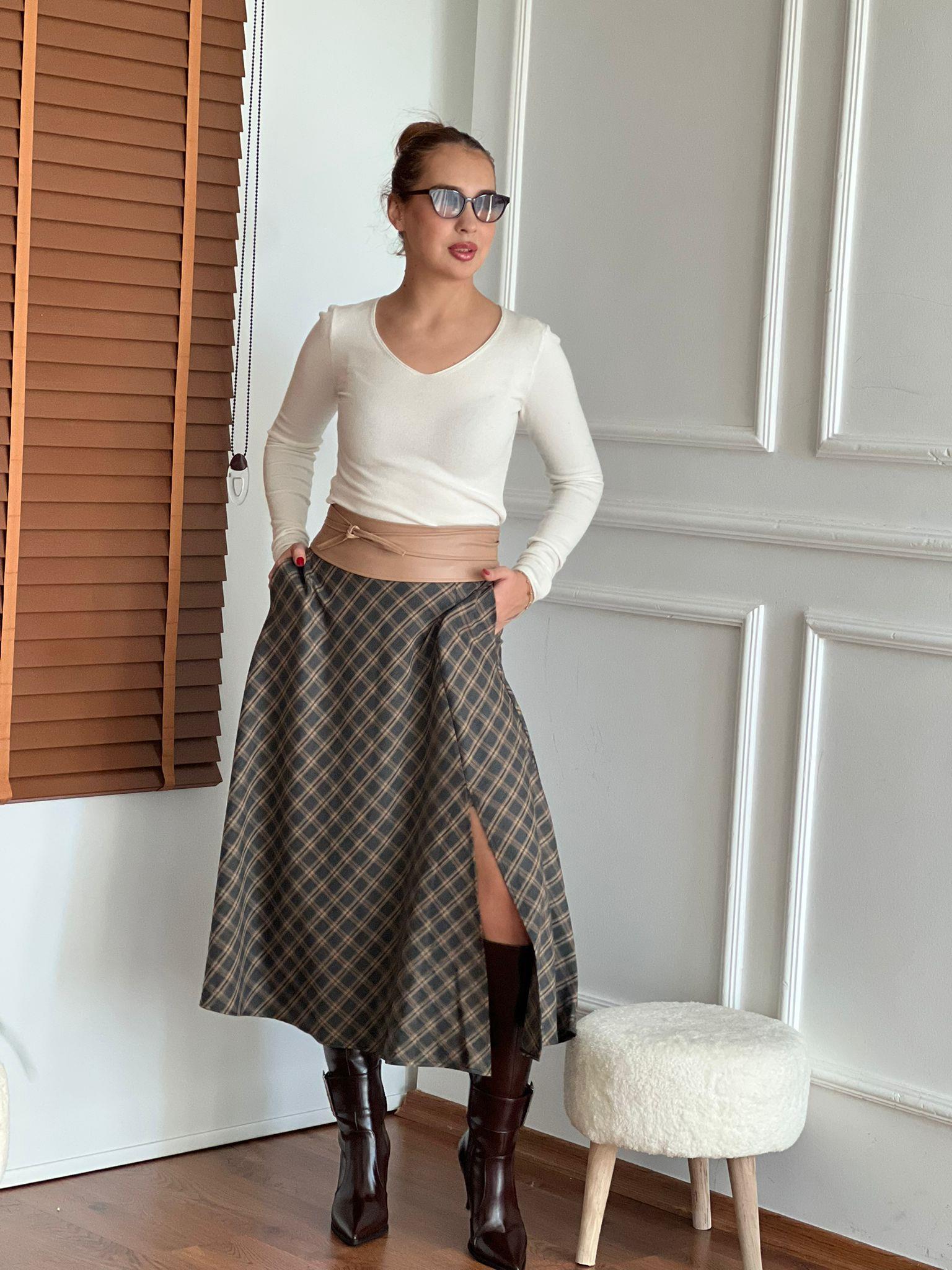 Ekoseli Midi Boy Etek 6727 Vizon