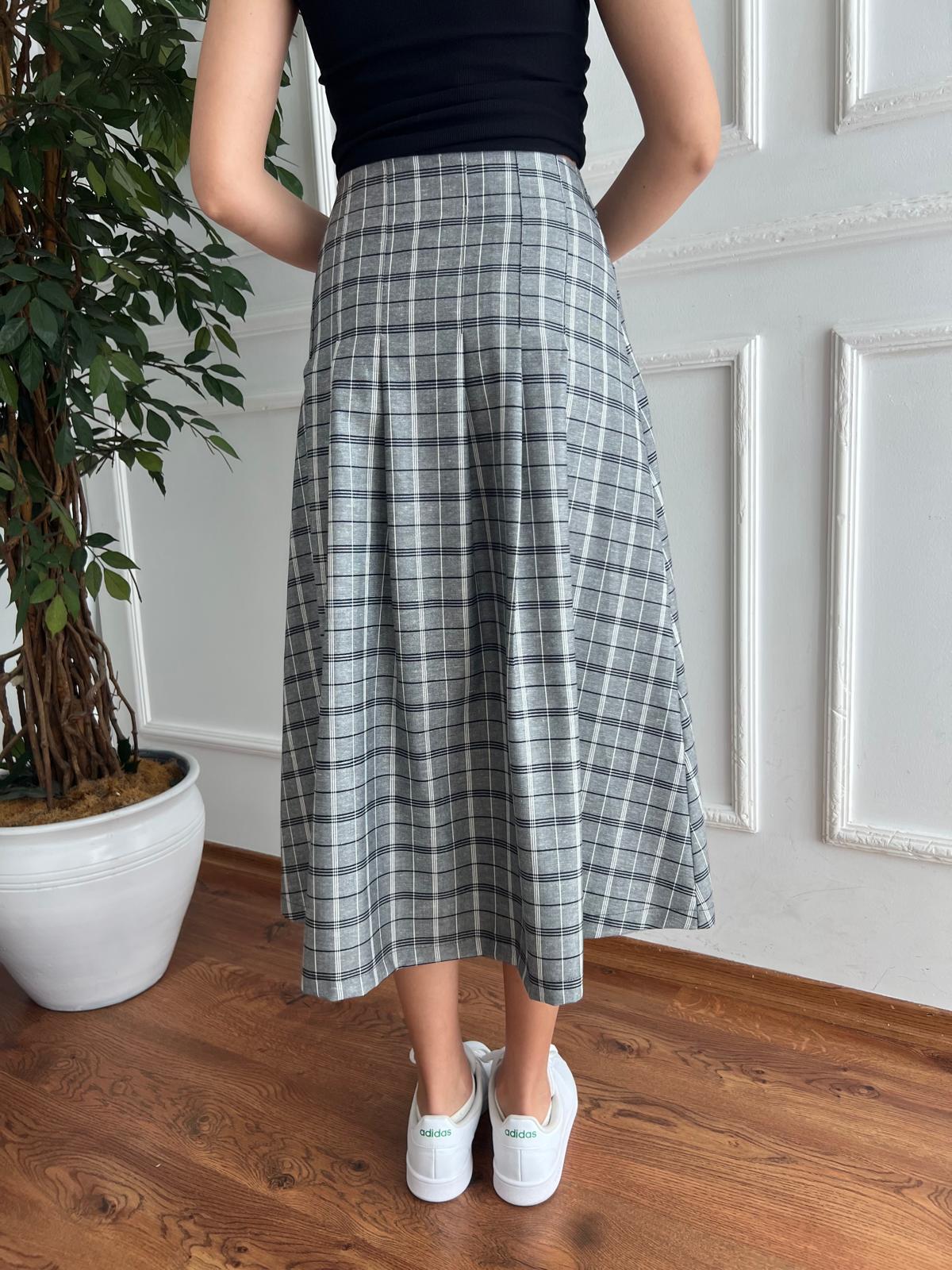 Ekoseli Yırtmaçlı Etek 29767 Gri