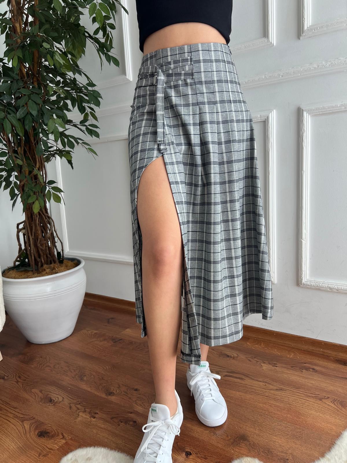 Ekoseli Yırtmaçlı Etek 29767 Gri