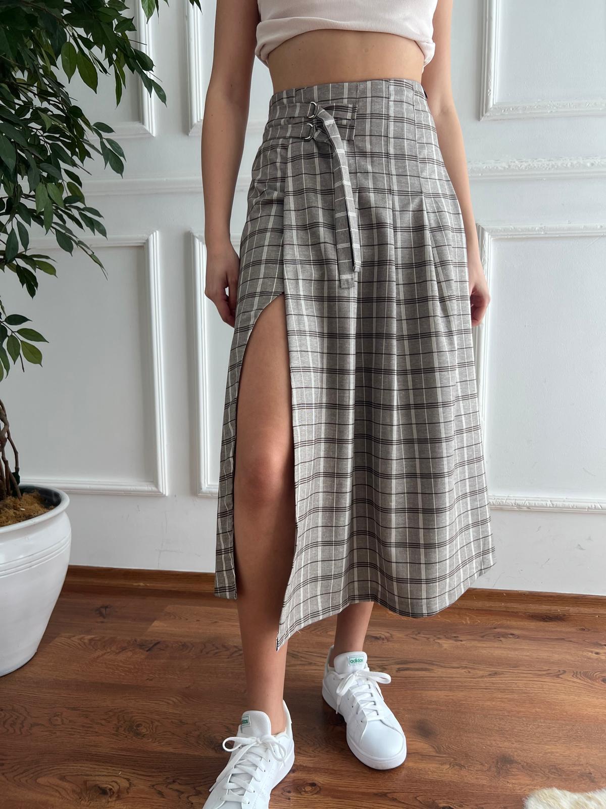 Ekoseli Yırtmaçlı Etek 29767 Vizon