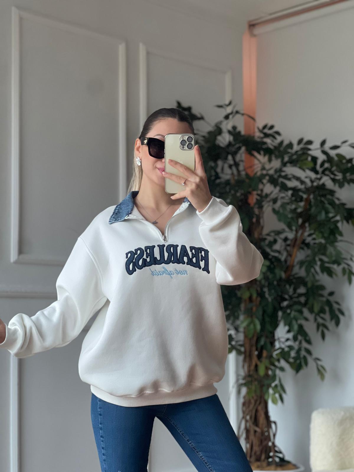 Fearless İşlemeli Sweatshirt 2070 Beyaz