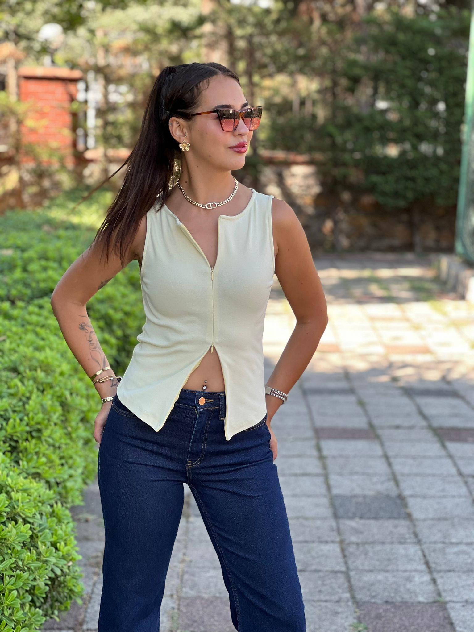 Fermuar Detaylı Atlet 31764 Açık Sarı