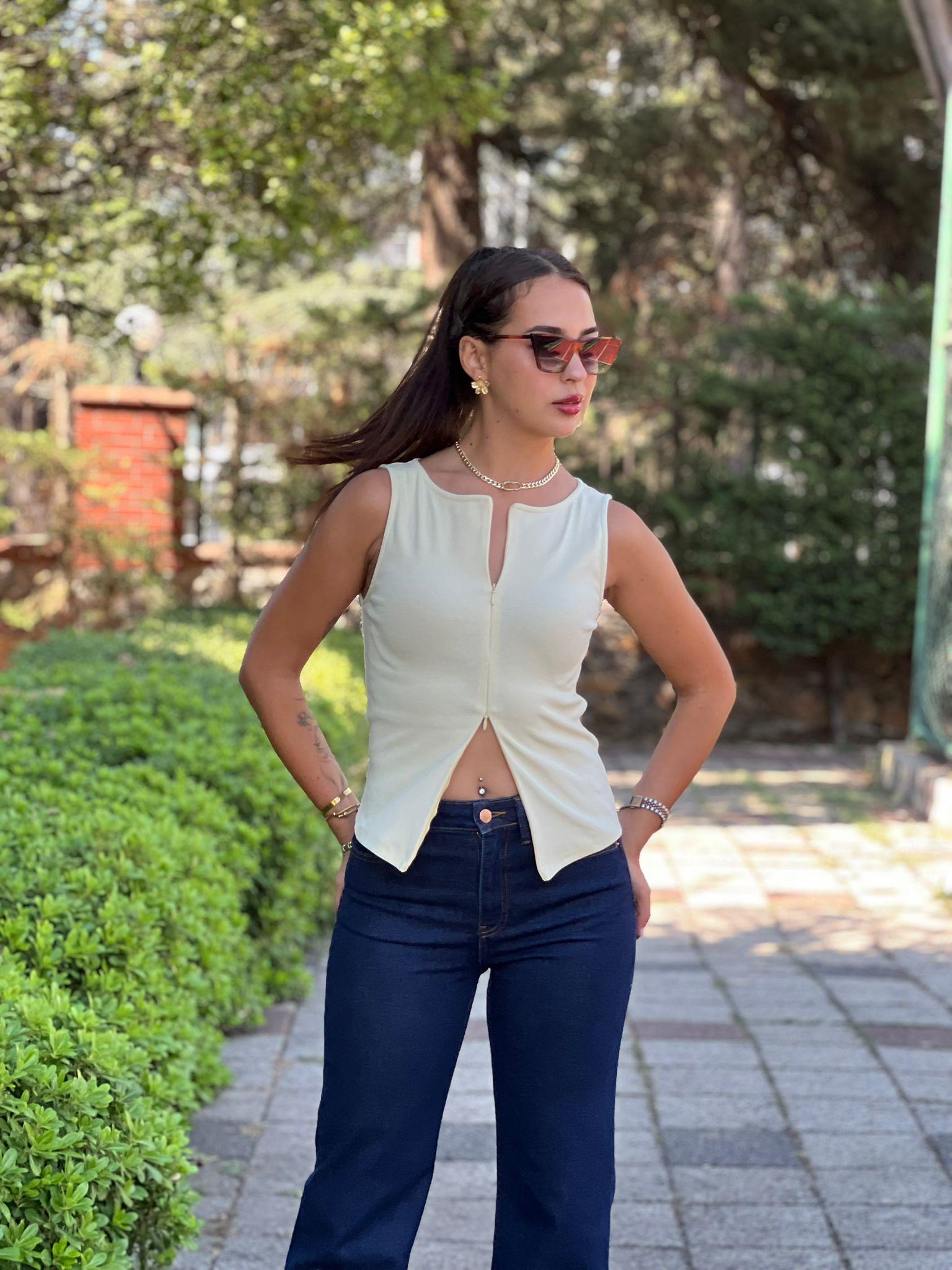 Fermuar Detaylı Atlet 31764 Açık Sarı