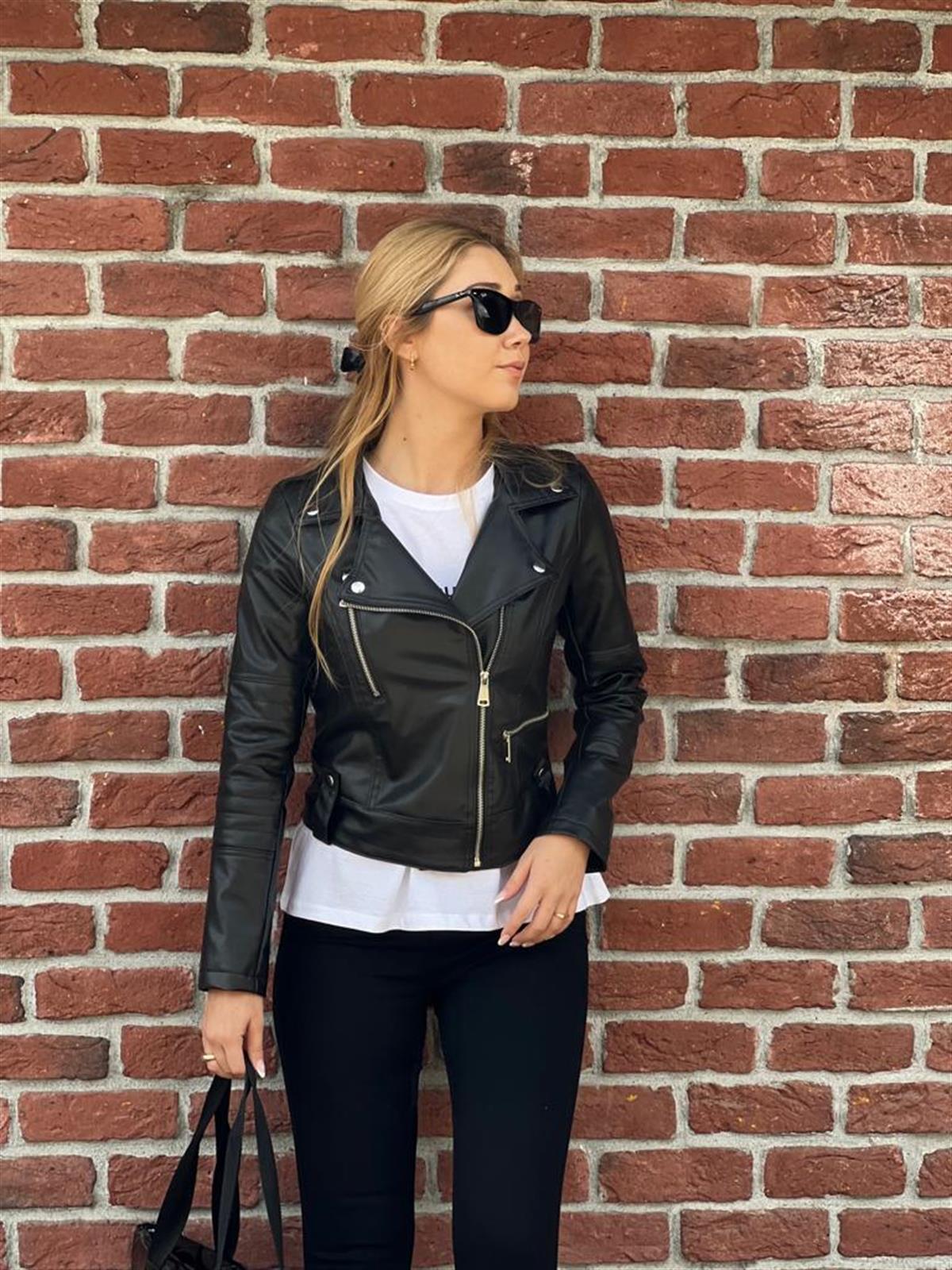 Fermuar Detaylı Deri Ceket 1025 Siyah