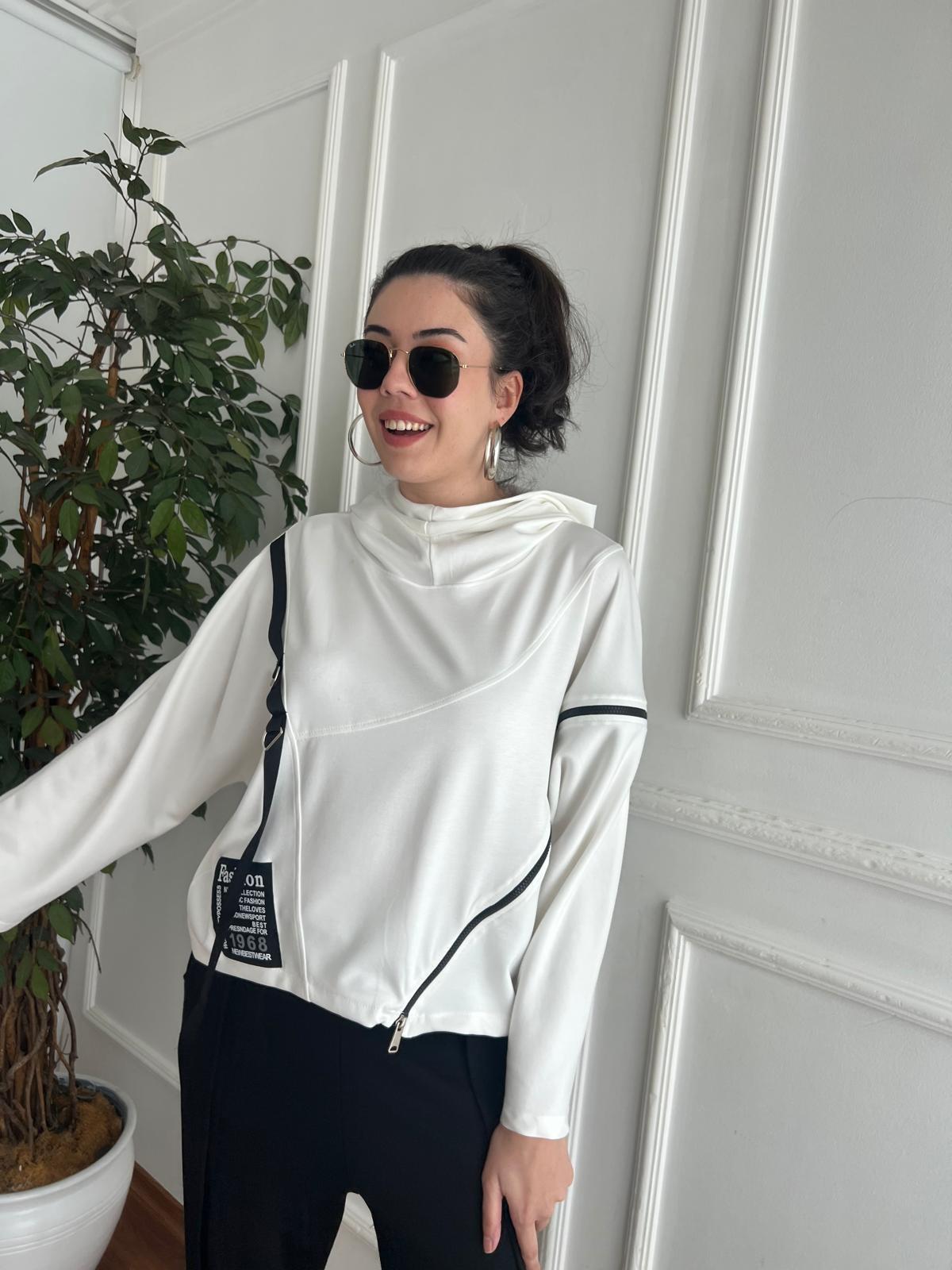 Fermuar Detaylı Sweatshirt 29682 Beyaz