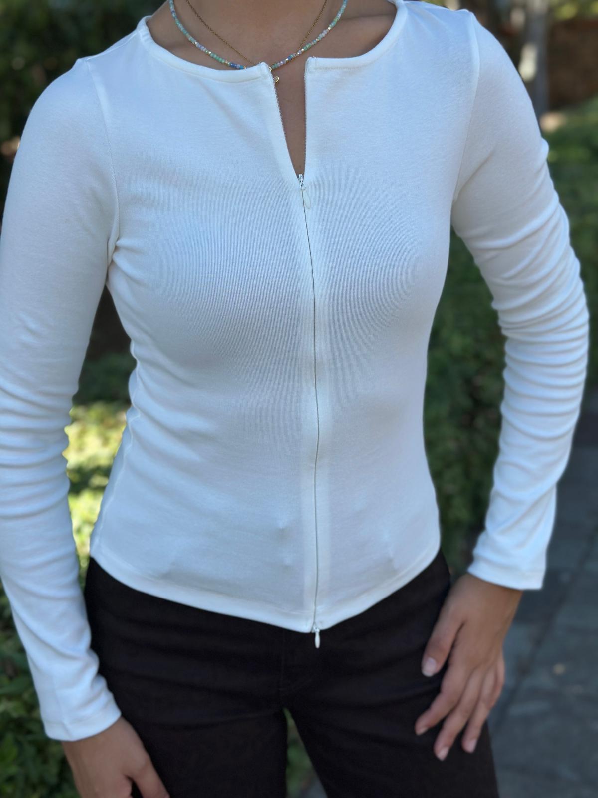 Fermuar Detaylı Uzun Kollu Bluz 31993 Ekru