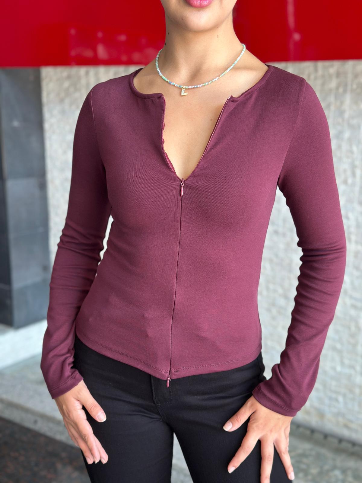 Fermuar Detaylı Uzun Kollu Bluz 31993 Bordo