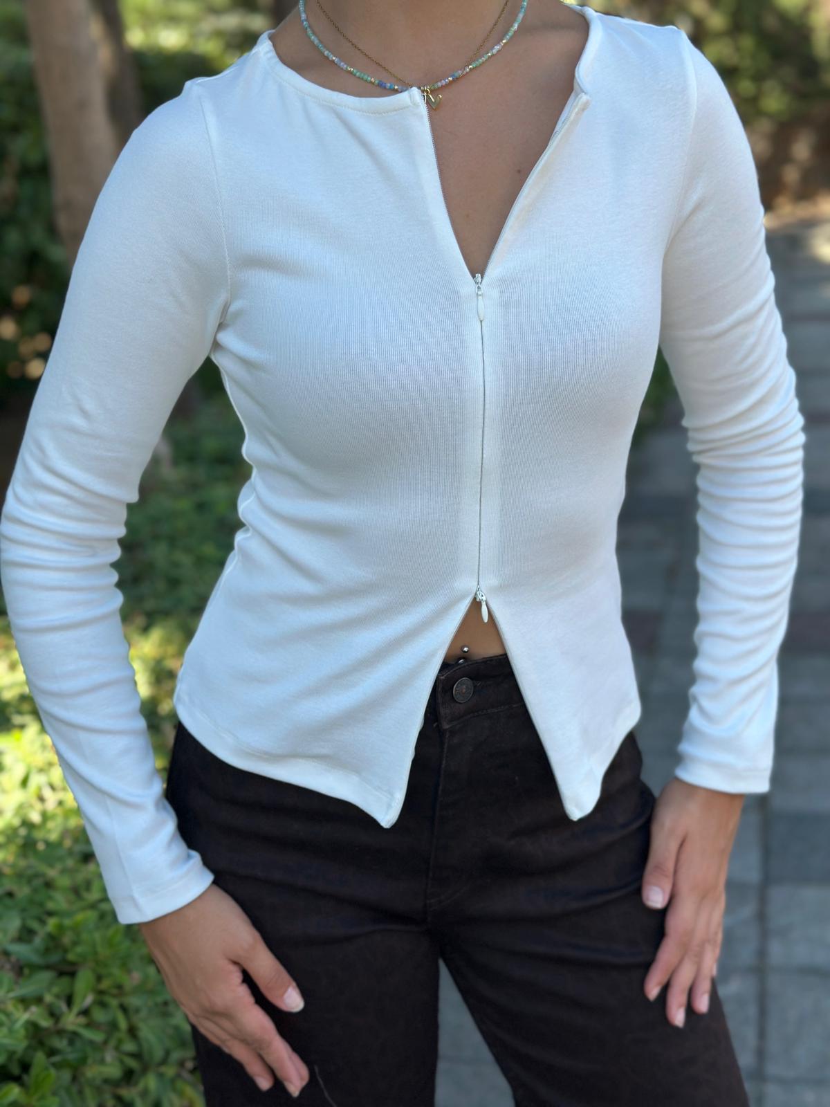 Fermuar Detaylı Uzun Kollu Bluz 31993 Ekru