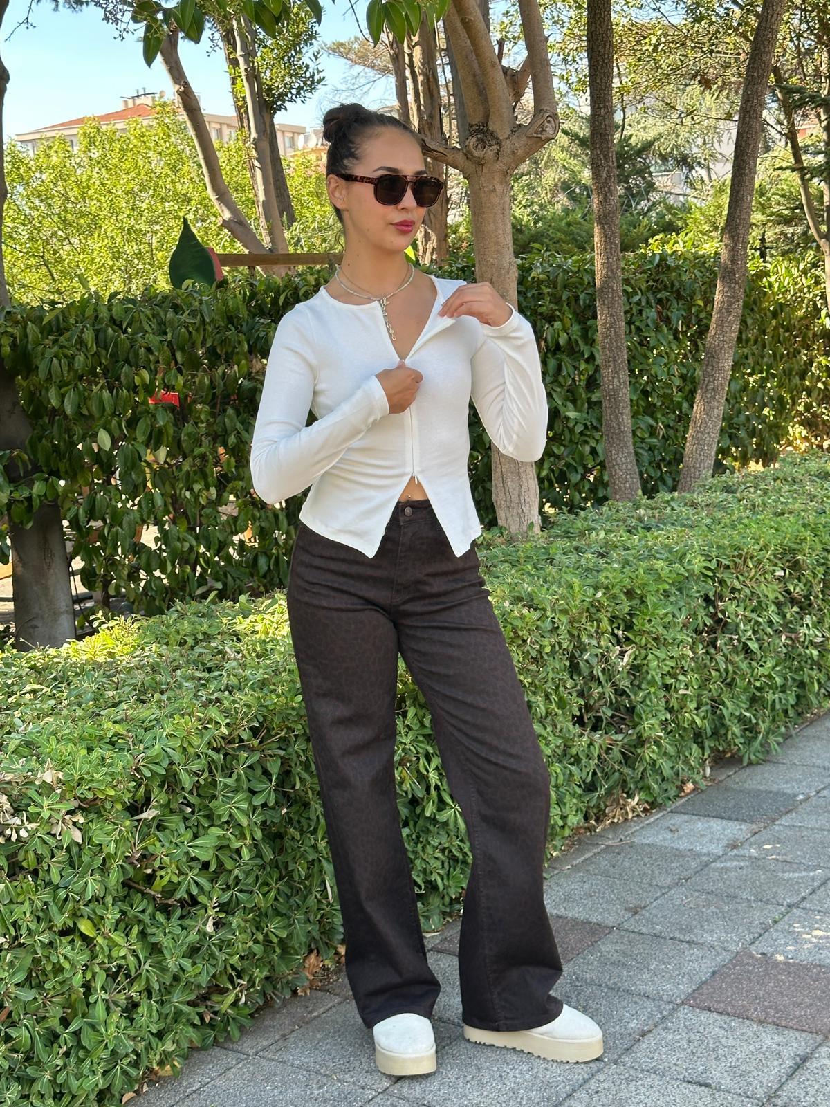 Fermuar Detaylı Uzun Kollu Bluz 31993 Ekru