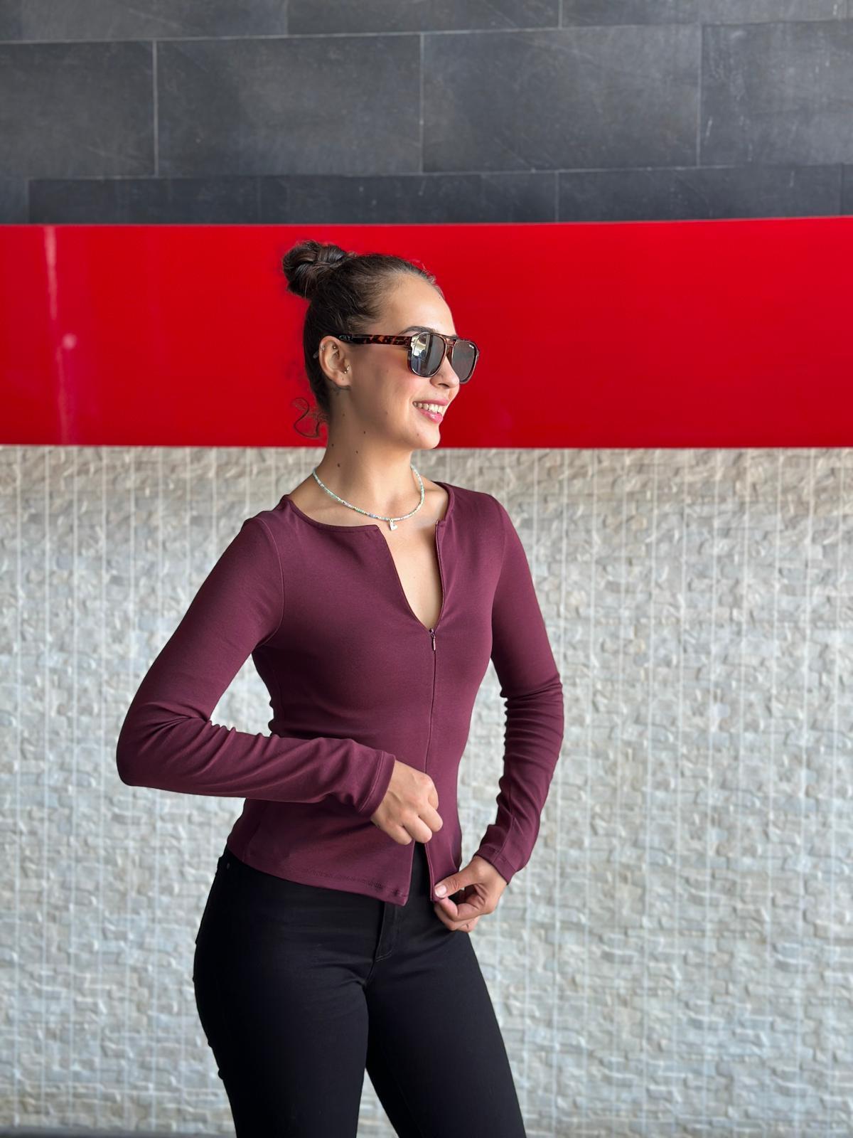 Fermuar Detaylı Uzun Kollu Bluz 31993 Bordo