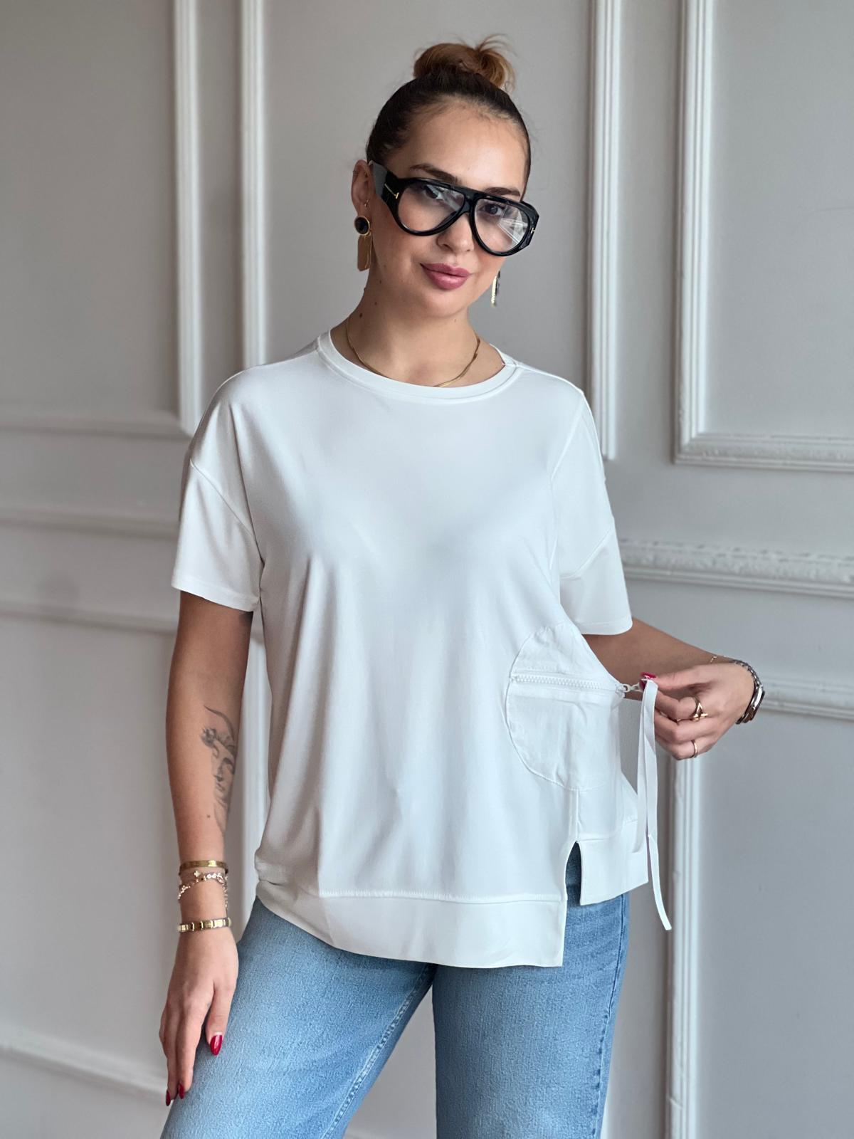 Fermuarlı Cep Detaylı Bluz 29733 Ekru