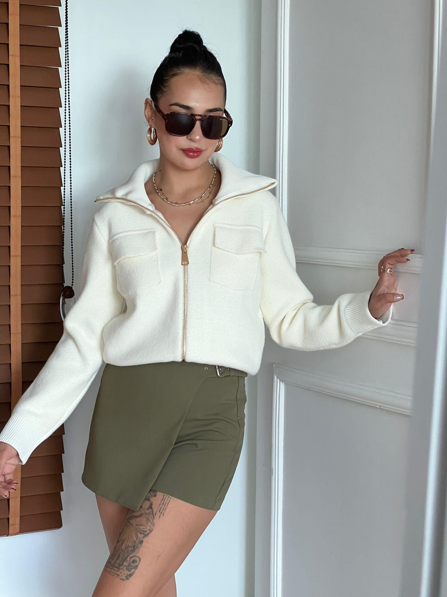 Fermuarlı Triko Ceket Hırka 25421 Kemik